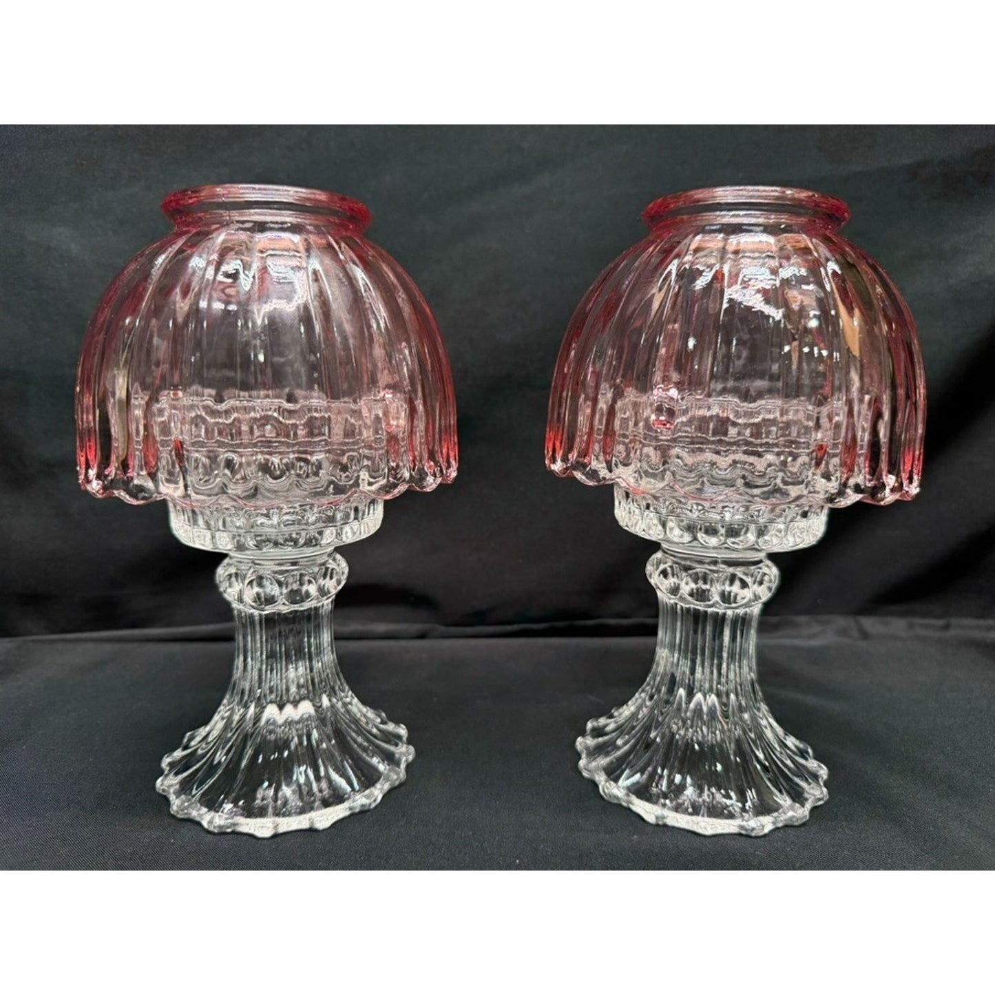 Pair of L.E. Smith Vintage Pink Fairy Lamps Clear Glass Pedestal Candle Holders
