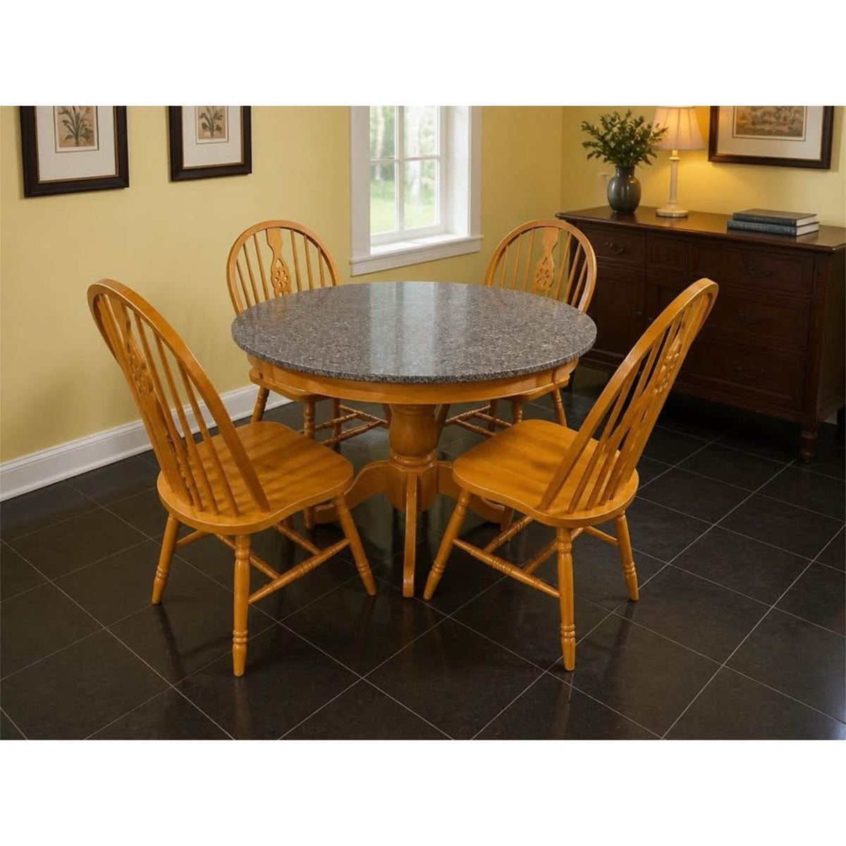 Round pedestal style granite top dining room table black/grey granite and 4 matching chairs