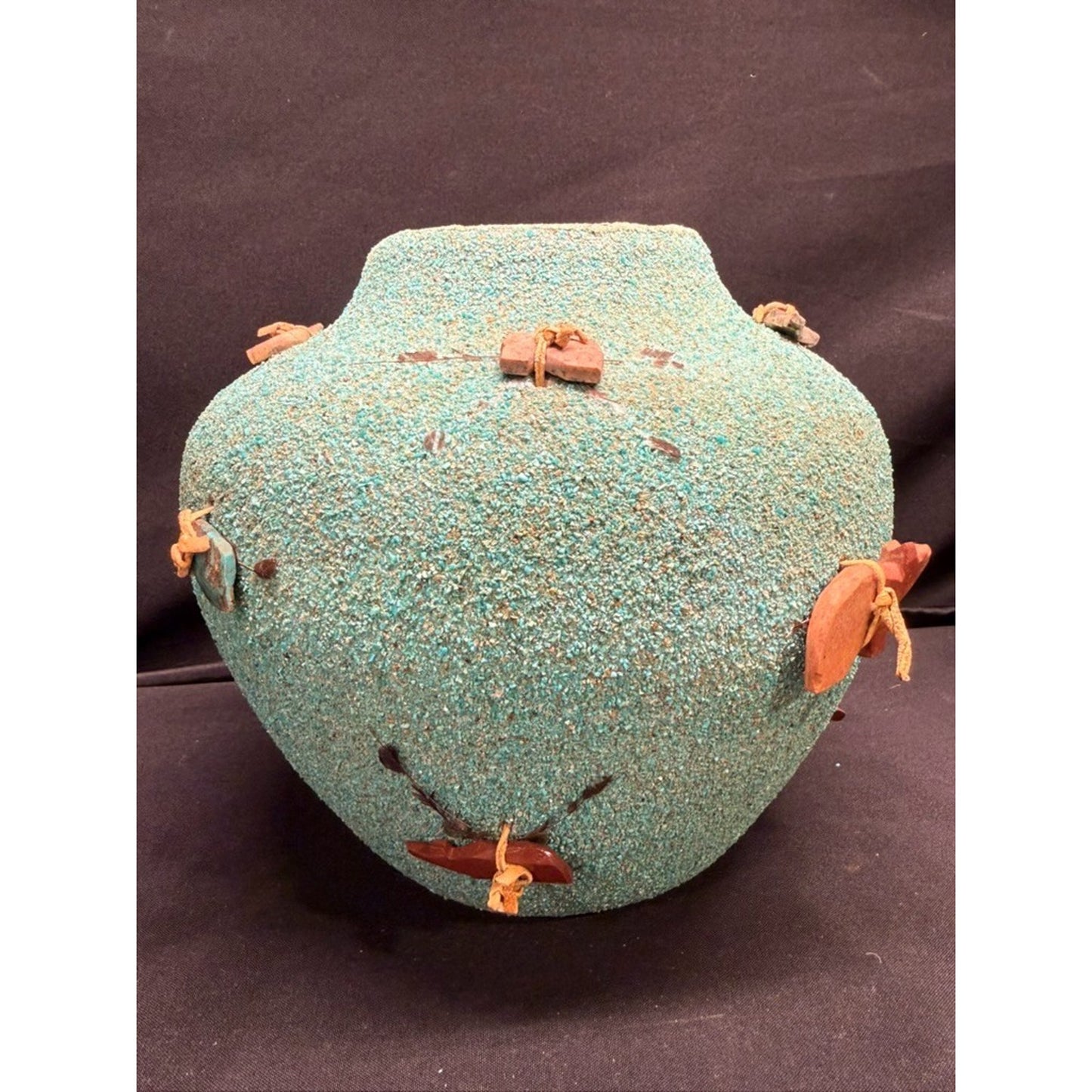 Vintage zuni large fetish pot/jar crushed turquoise 8.5" tall signed by artist