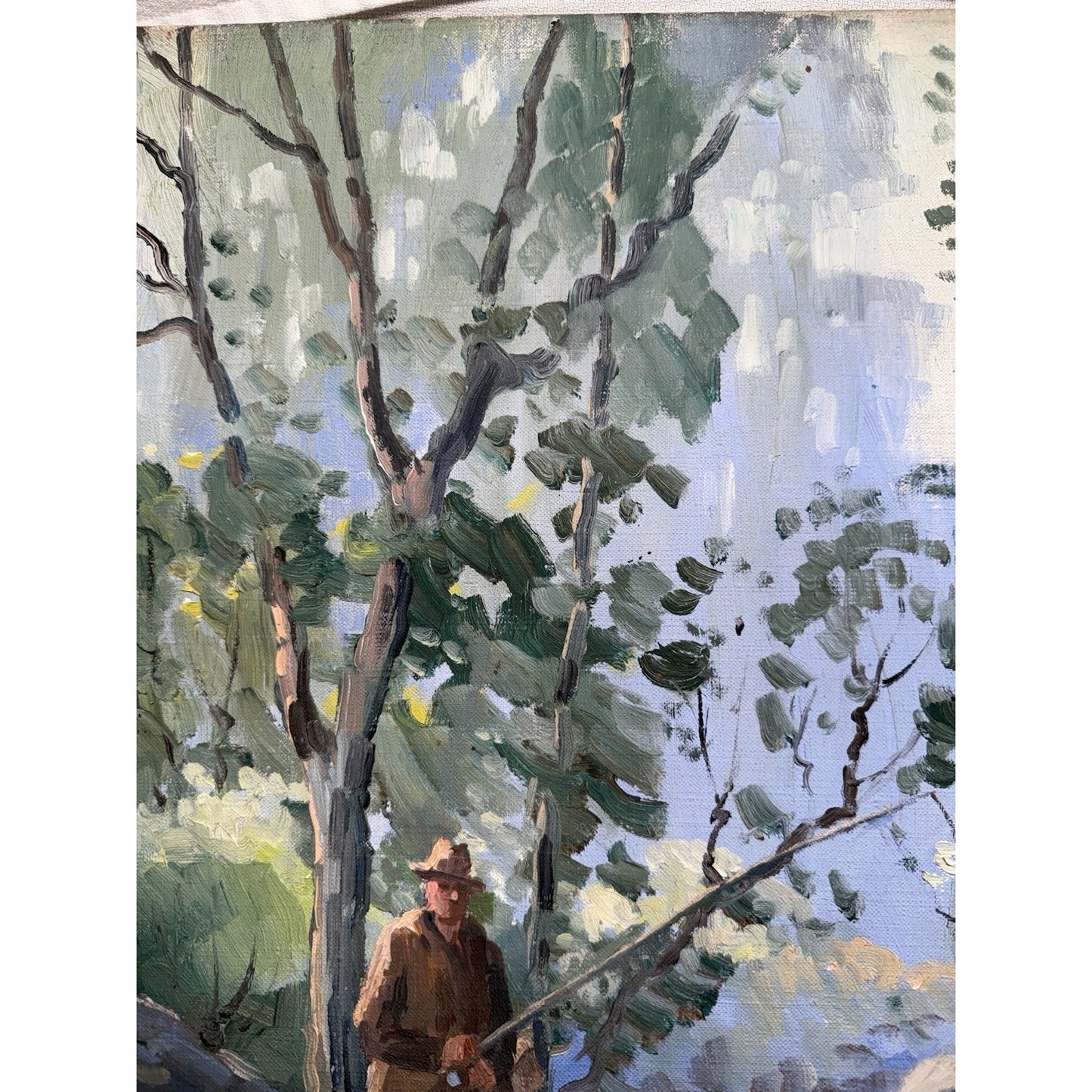 Charles Gordon Harris Painting Man Fishing New England River 30” X 25” Vintage