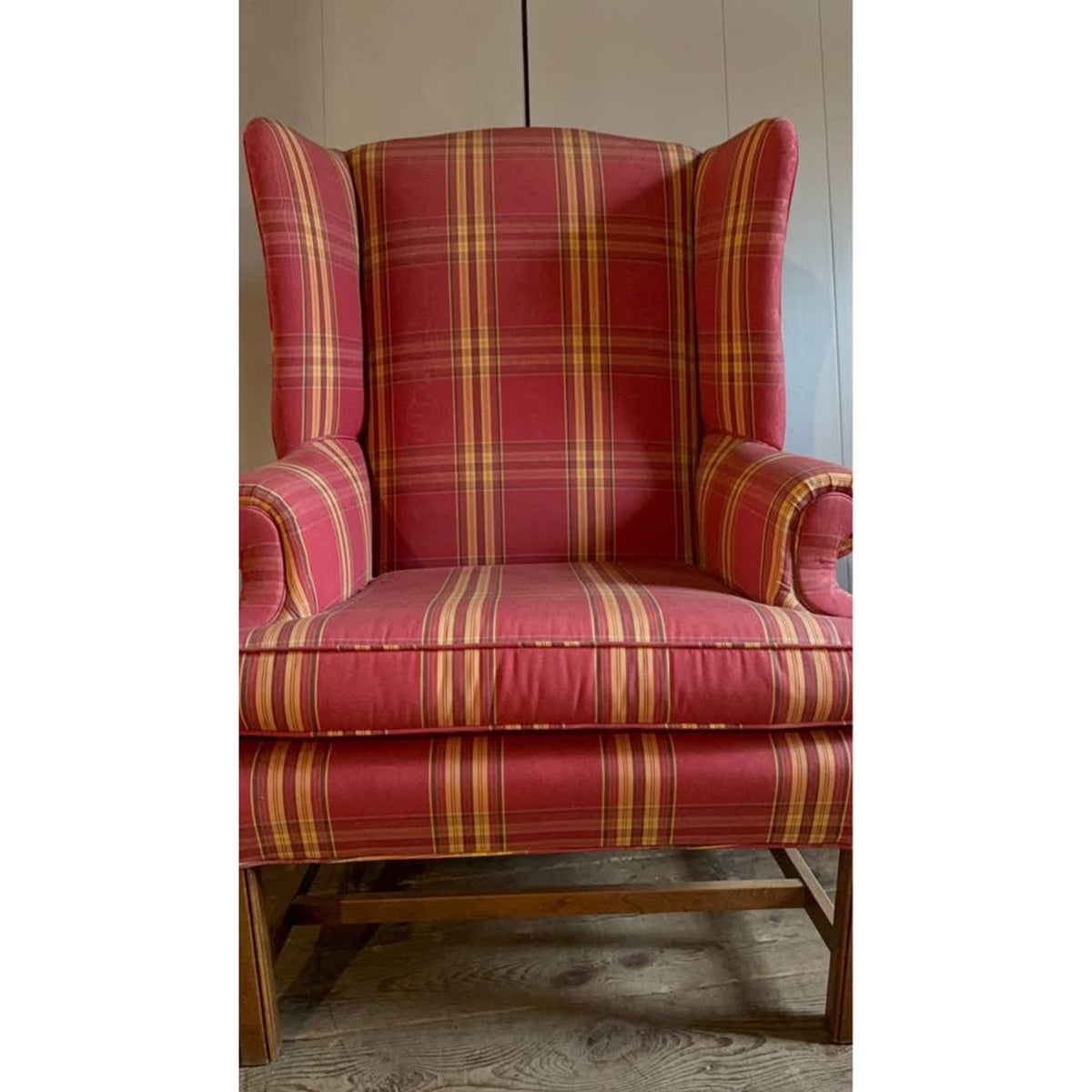 Red, cream & brown plaid wing back chair, great for country cottage!