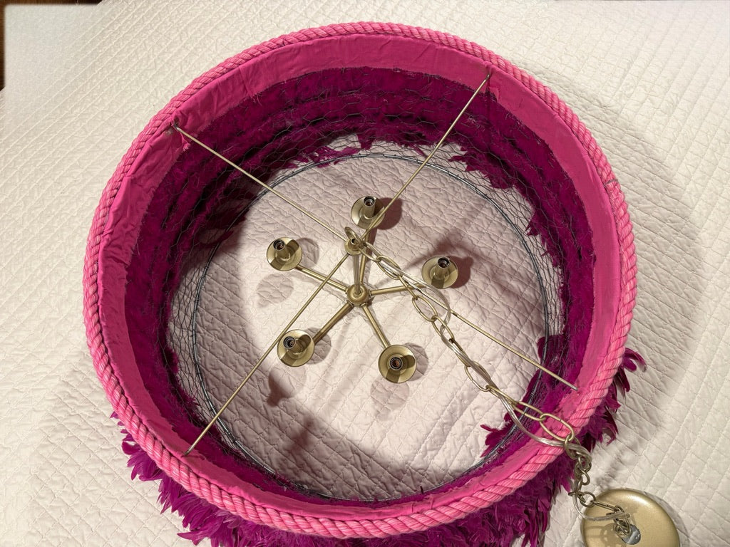 Jamie Dietrich Pink Fuscia Feather Pendant Drum 5 Light Chandelier 24” X 12” pre-owned