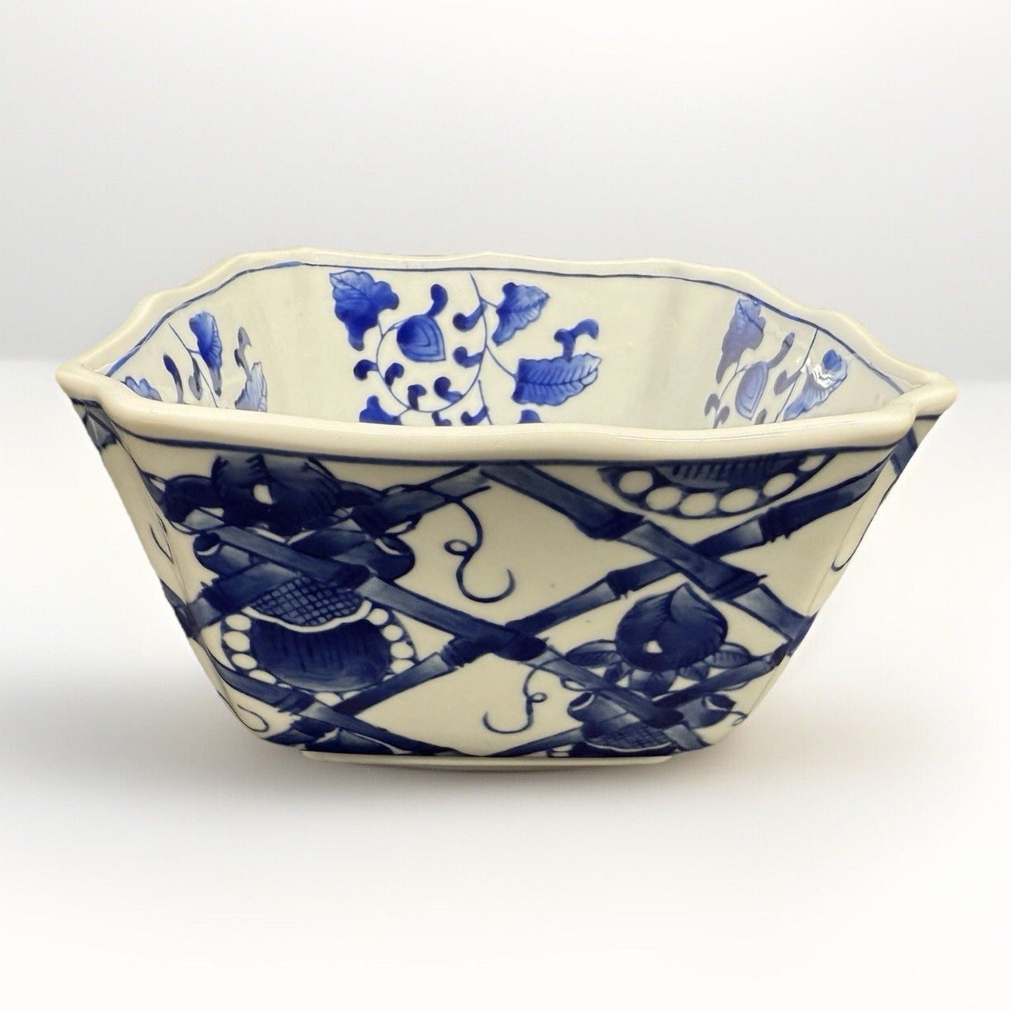 Rare vintage Chinese bamboo floral blue white Porcelain square serving bowl 8.5”