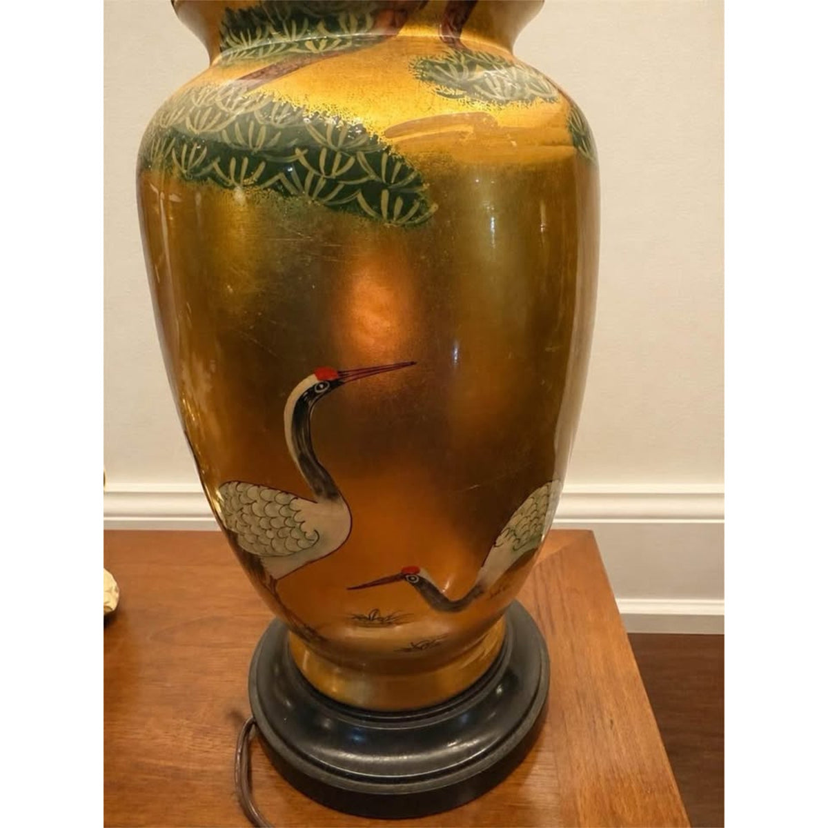Pair of Vintage Asian hand painted Gold Ceramic Table Lamps with cranes