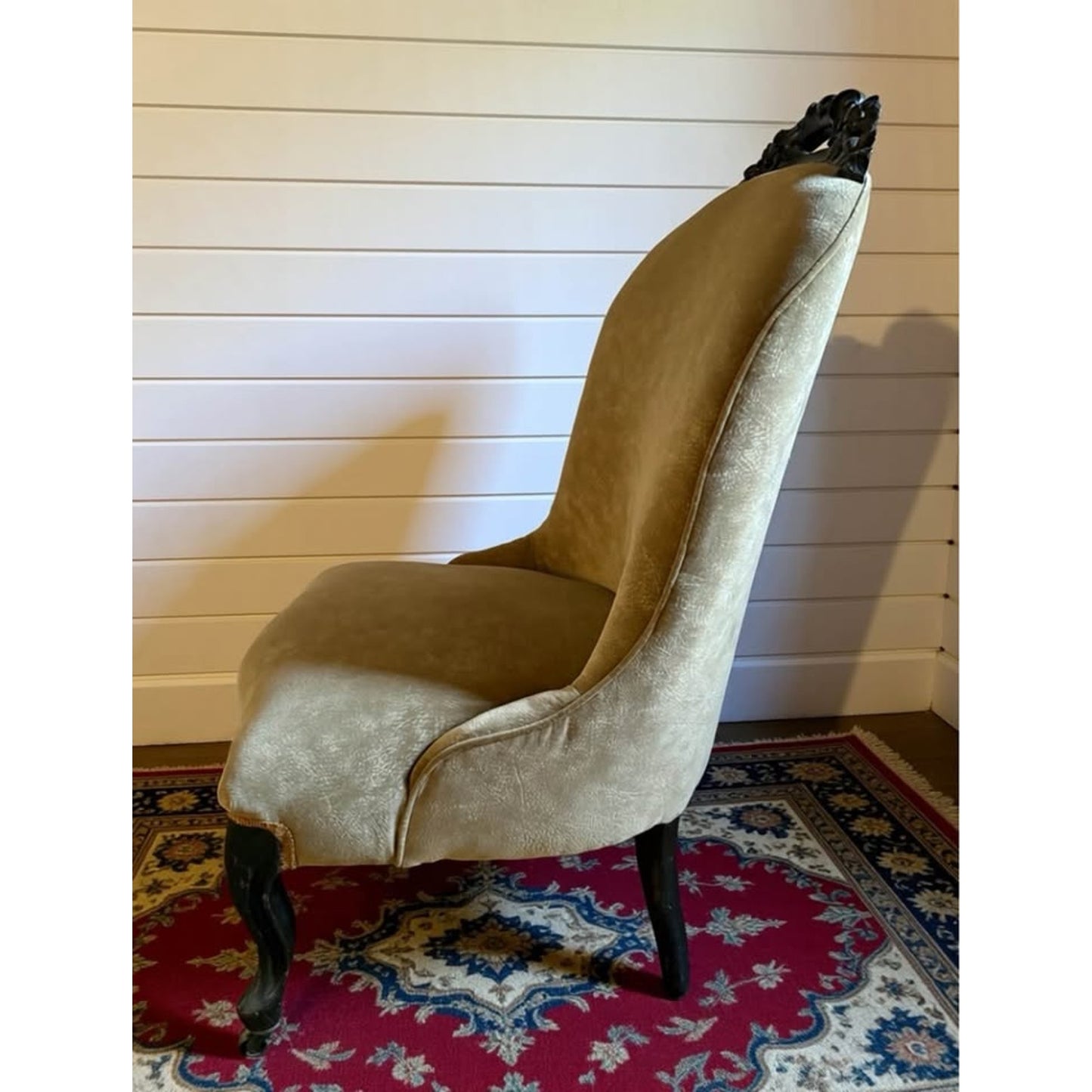 Antique 19th century Victorian chair with carved wood & original casters newly re- upholstered