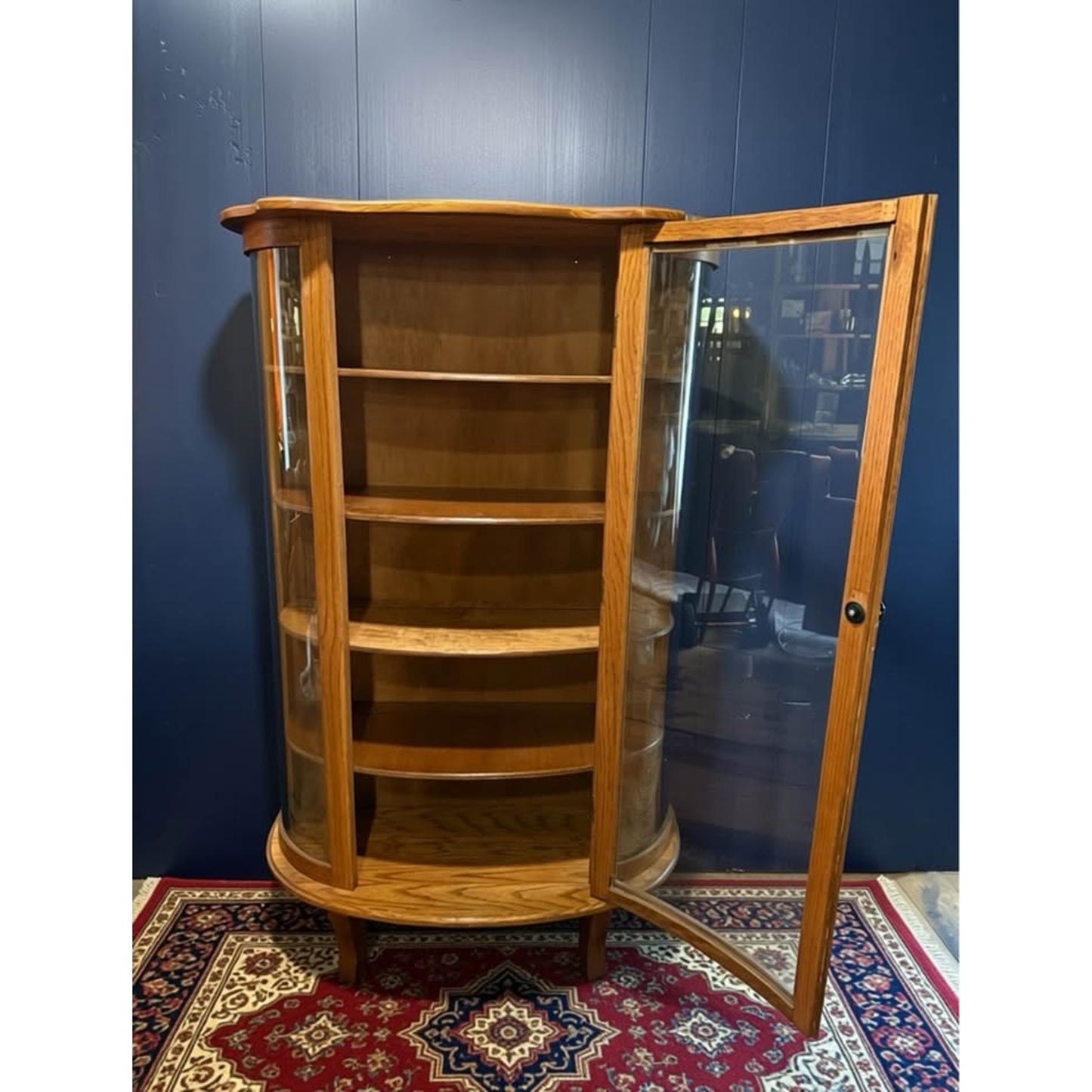 Vintage half moon glass and oak curio cabinet/display cabinet