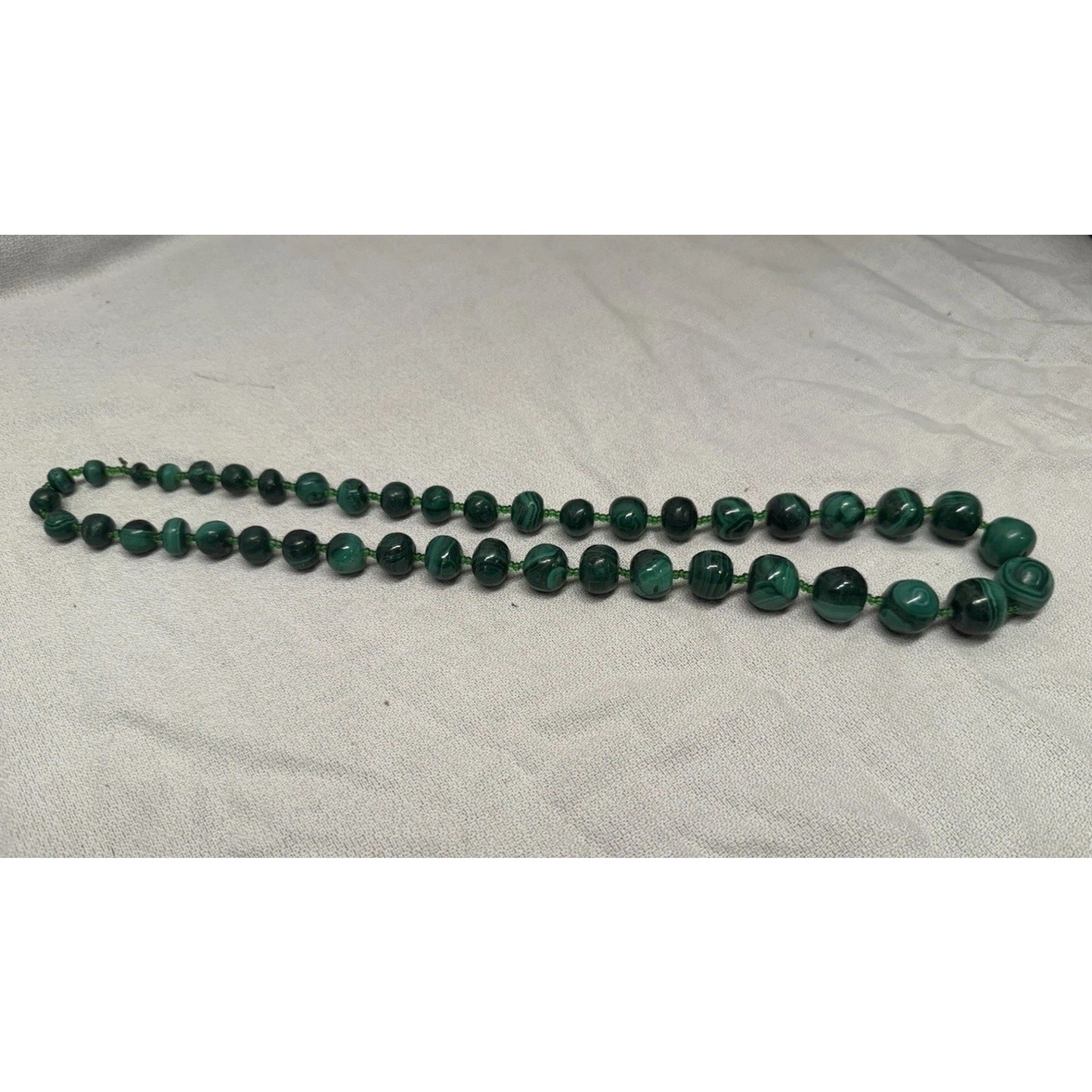 Vintage Chinese Malachite natural carved green gemstone beaded necklace 12”
