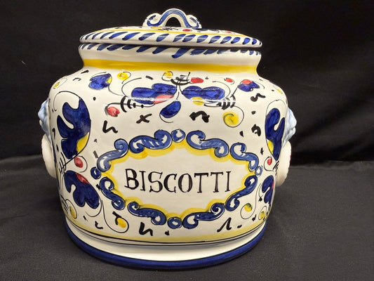 Vintage Deruta Italy Hand Painted Large Oval Cookie Jar/Canister withBiscotti Rooster