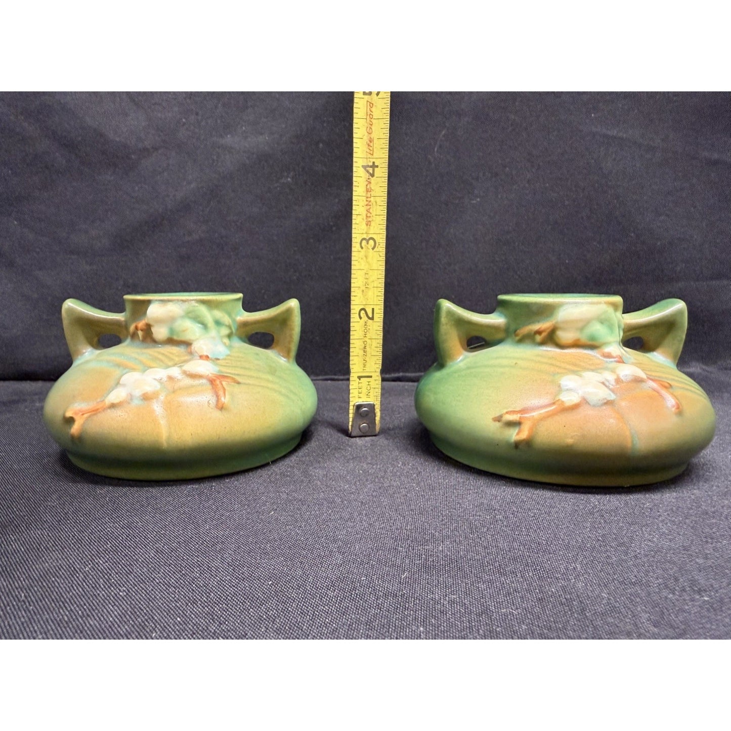 Pair of Roseville Pottery Candlestick Holders Green white berry 1CS1 Vintage