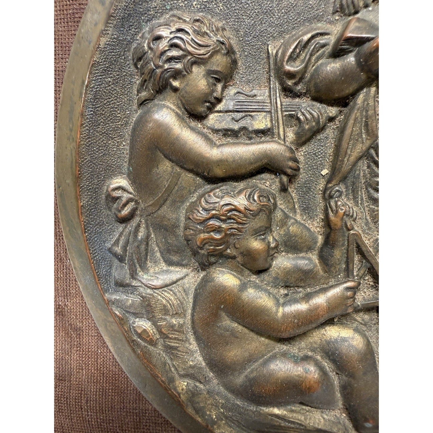 Rare Antique Bronze 5 Cherubs Playing Instruments relief Plaque Wall Hanging 9”