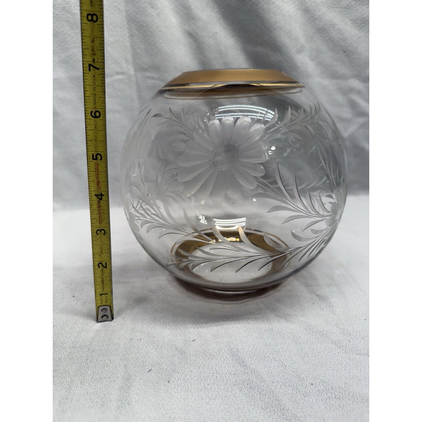 Rare Mid Century Clear Glass Round Vase Etched Flowers Gold Rim On Top & Bottom