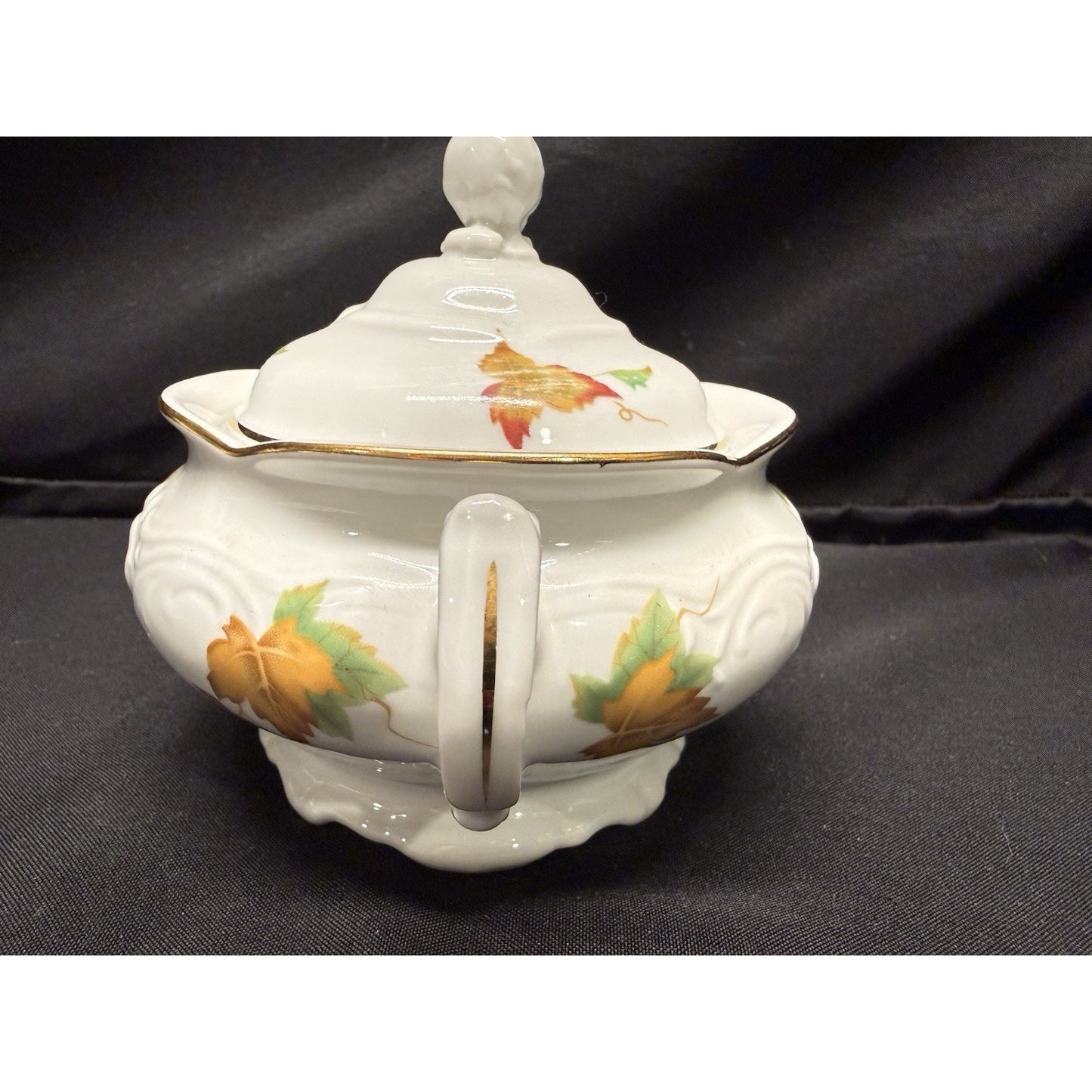 Vintage Walbrzych Sugar & Creamer Dish Set Autumn Leaves Gold Gilding Porcelain