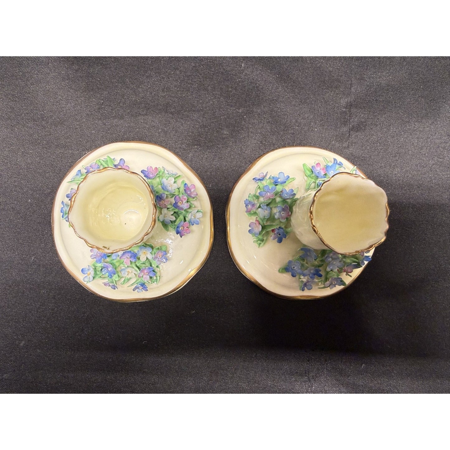 Rare pair crown staffordshire candle holders flowers purple porcelain 2" England