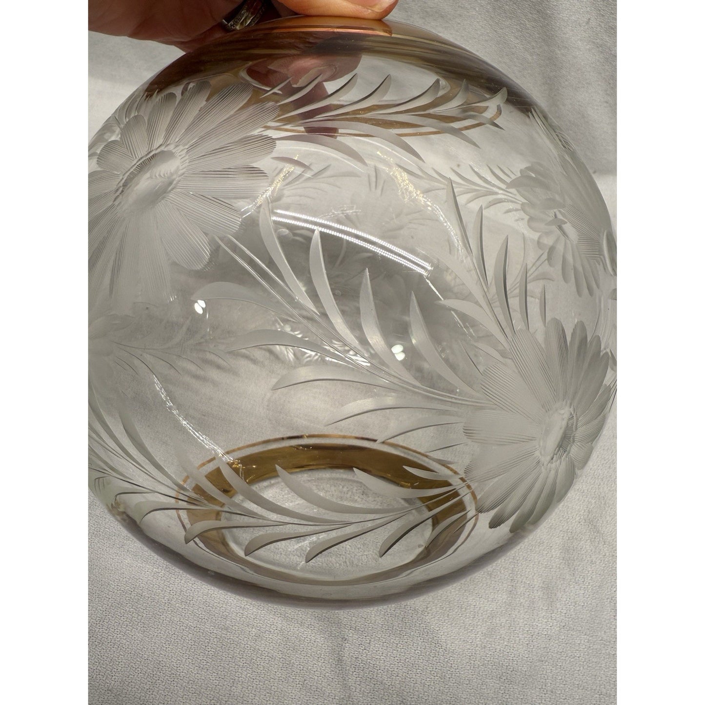 Rare Mid Century Clear Glass Round Vase Etched Flowers Gold Rim On Top & Bottom