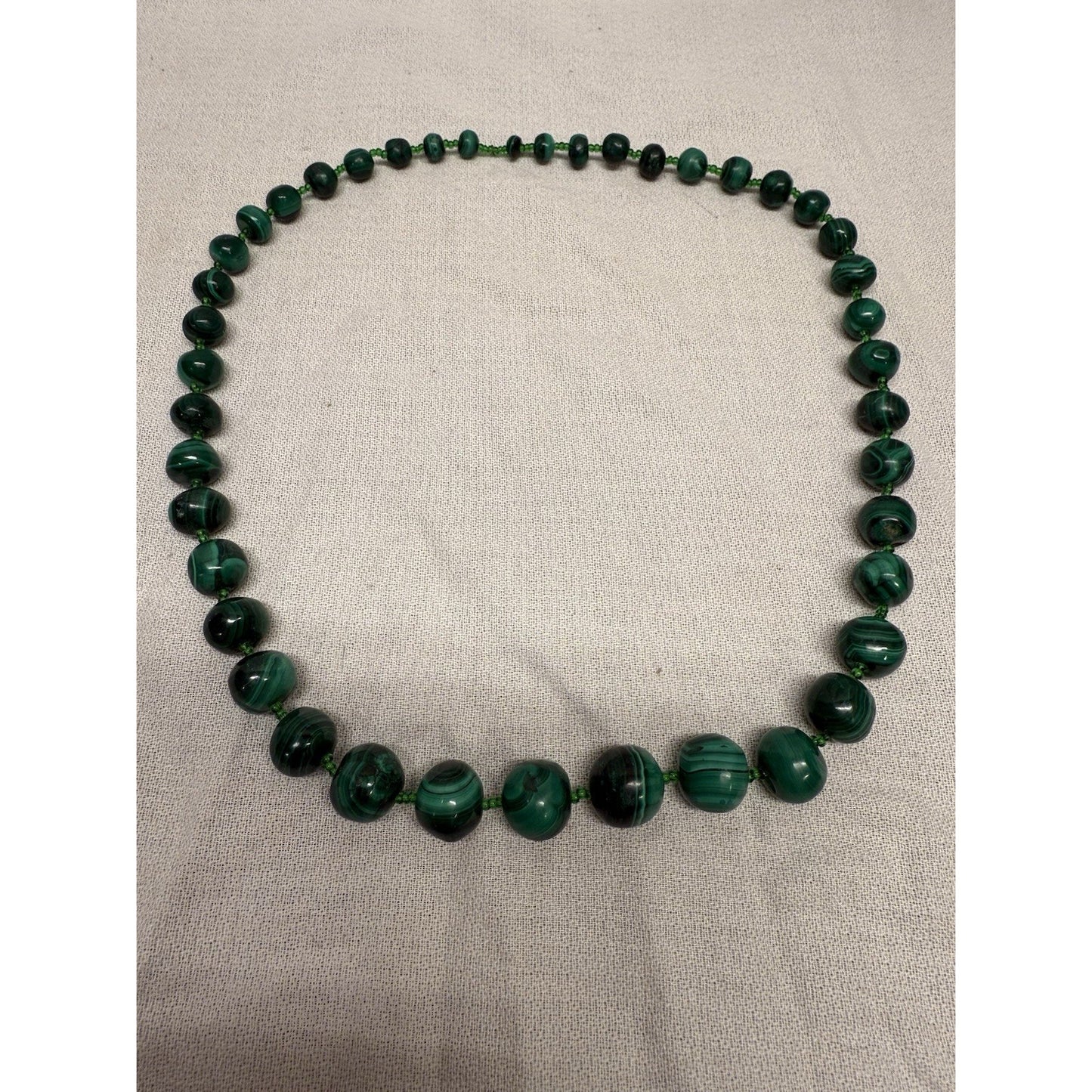 Vintage Chinese Malachite natural carved green gemstone beaded necklace 12”