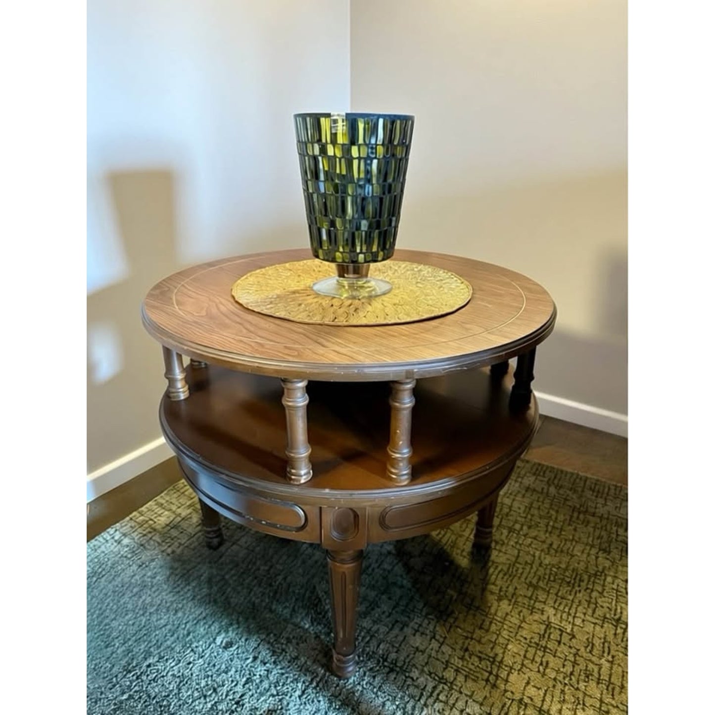 Vintage mersman round 2 tier walnut end table/side table with tapered legs