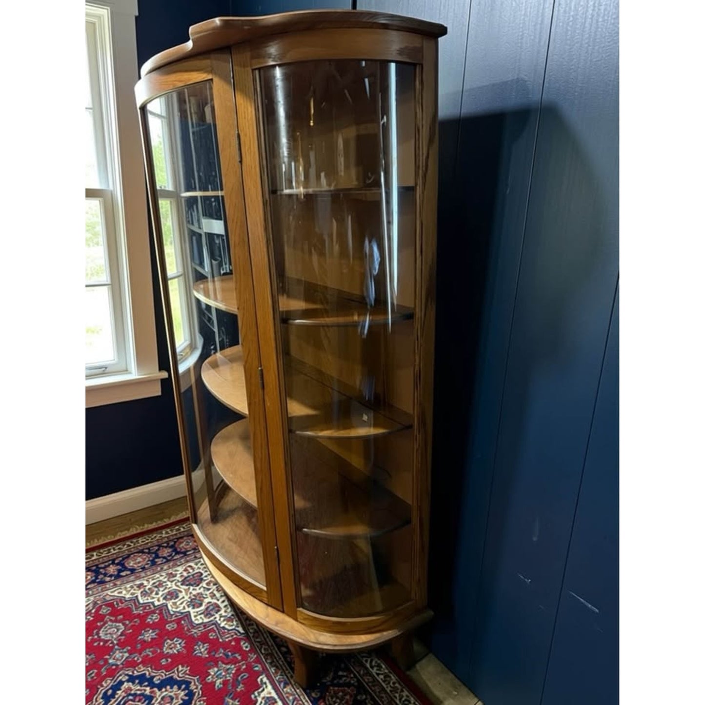 Vintage half moon glass and oak curio cabinet/display cabinet