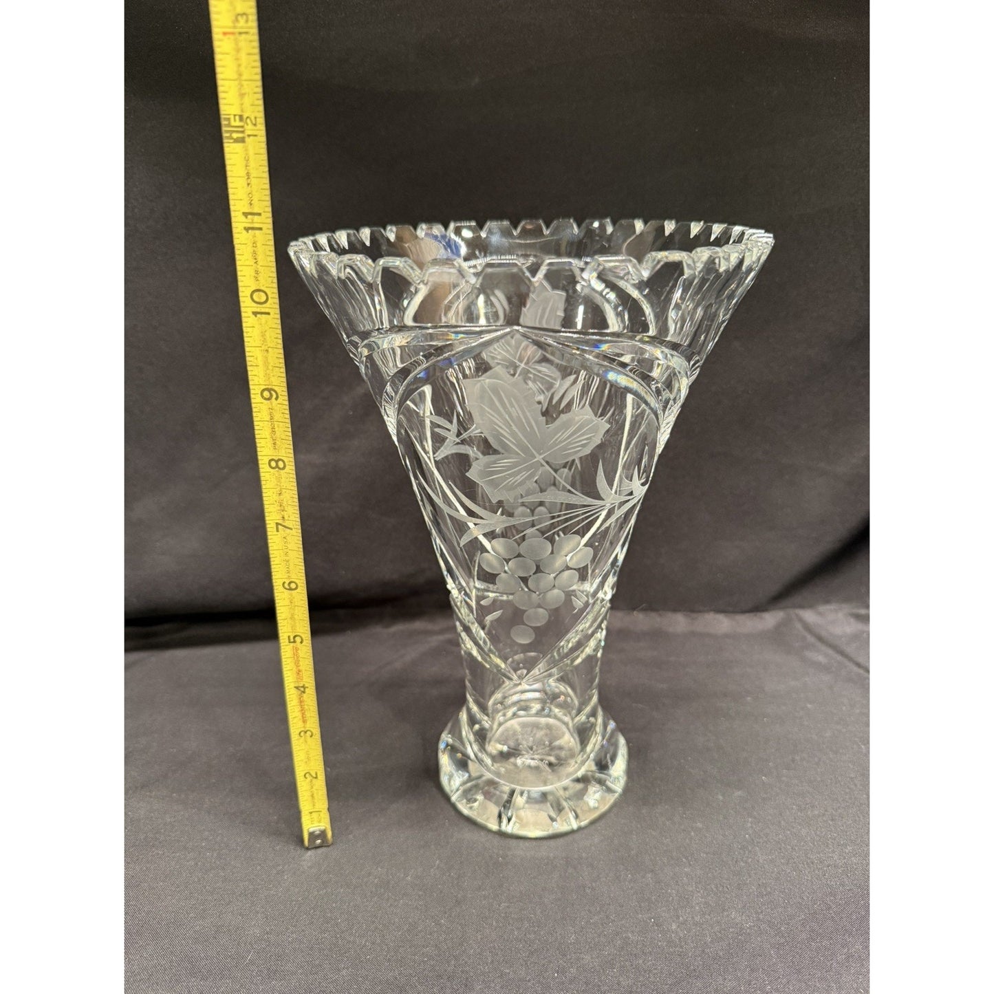 Vintage Crystal clear cut glass Vase Germany Lausitzer Glas etched grapes 10.5”