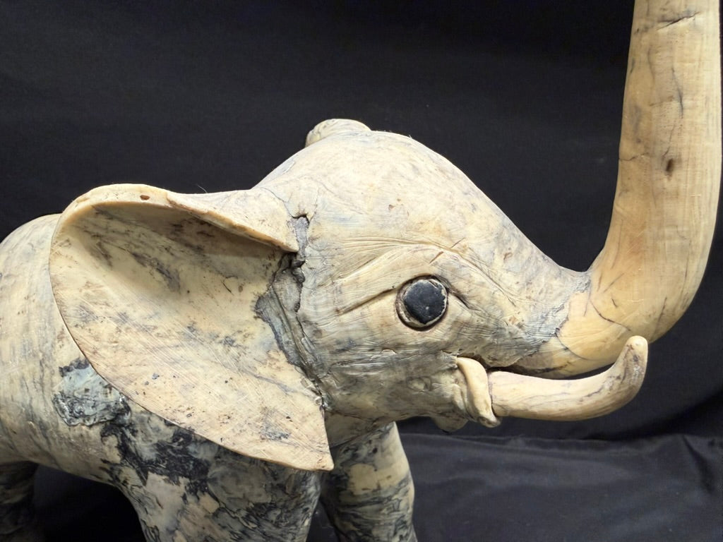 Large Vintage Carved Elephant made from Crushed Oyster Shells with trunk up 15” tall