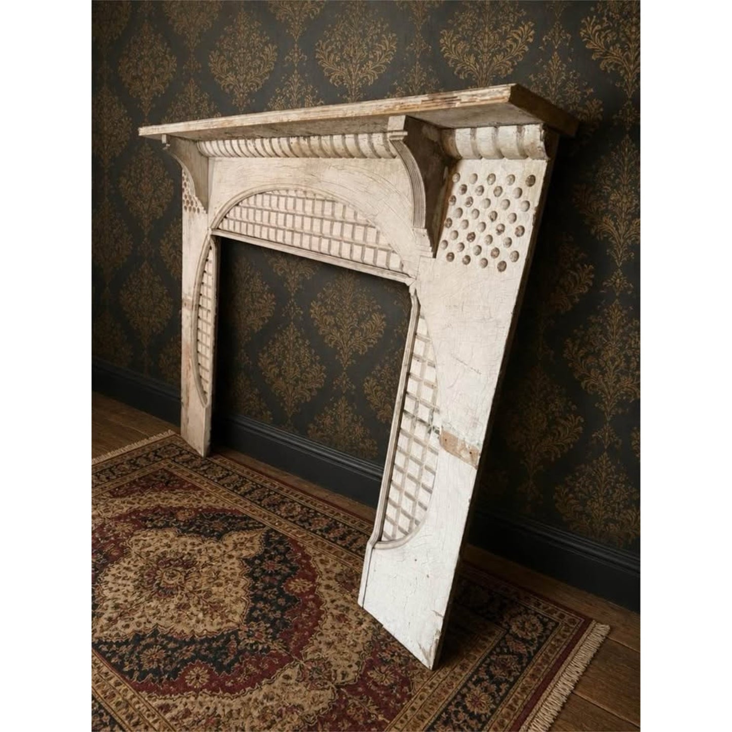 Antique wooden fire place mantel architectural salvage distressed white