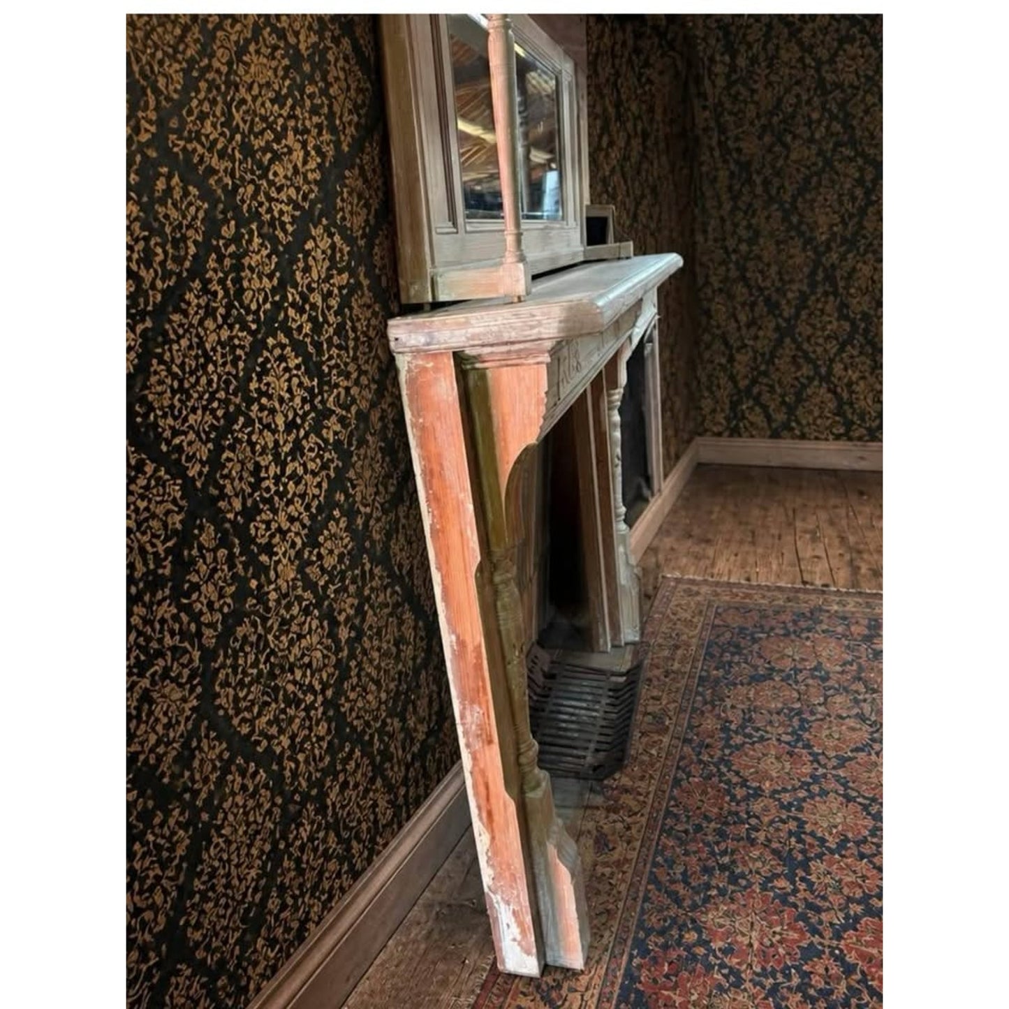 Antique architectural salvage wooden fireplace mantel with mirror & top shelf