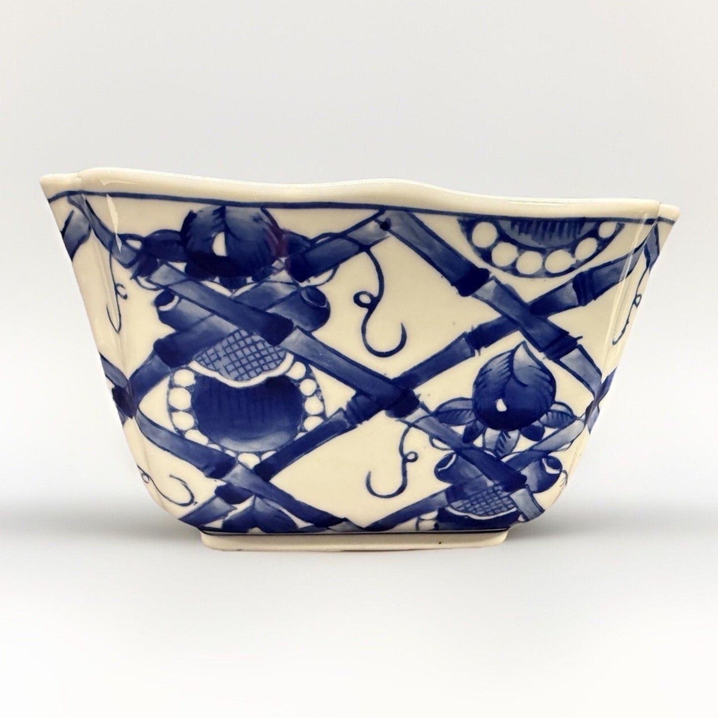 Rare vintage Chinese bamboo floral blue white Porcelain square serving bowl 8.5”