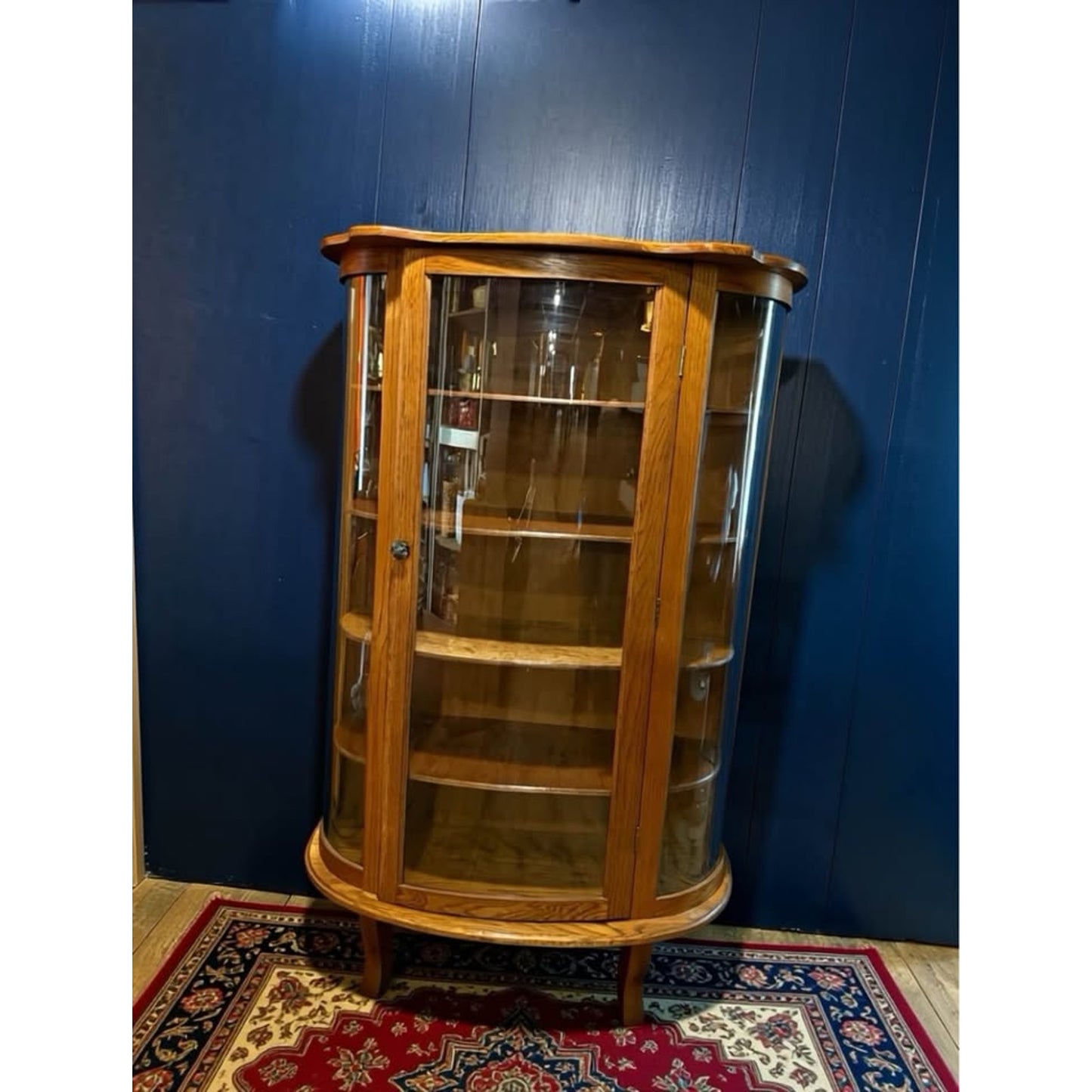 Vintage half moon glass and oak curio cabinet/display cabinet