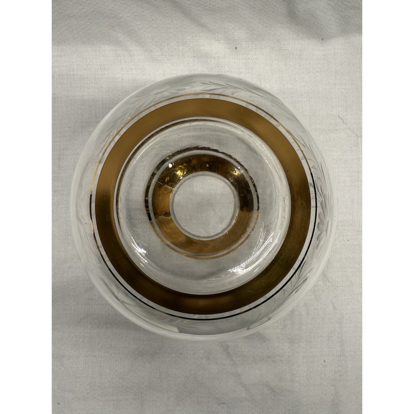 Rare Mid Century Clear Glass Round Vase Etched Flowers Gold Rim On Top & Bottom