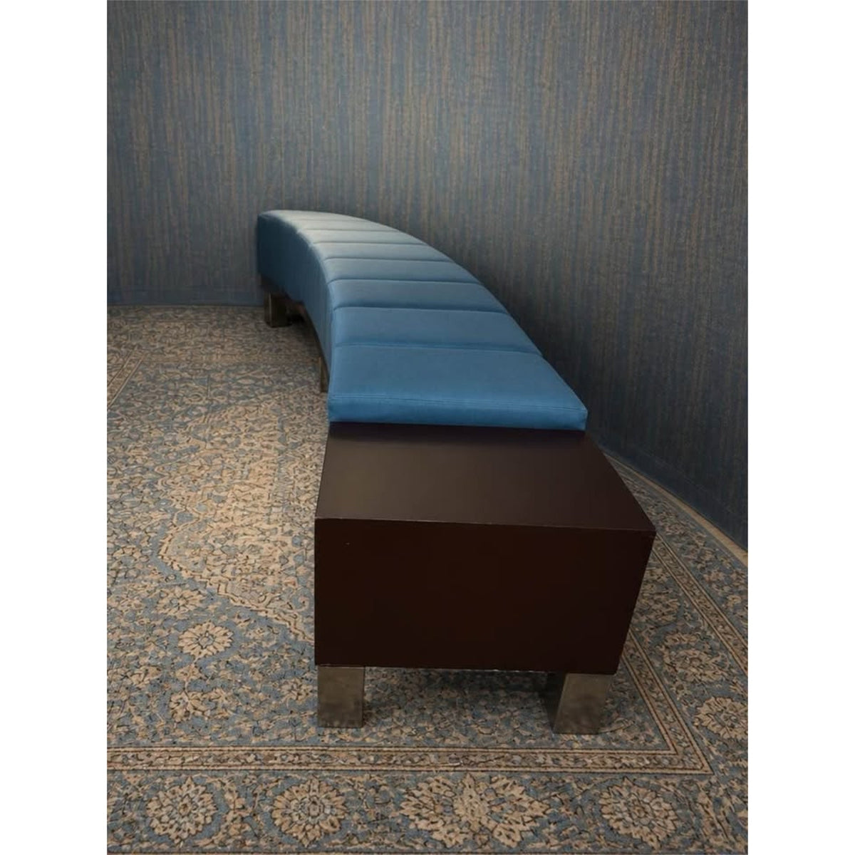 Long curved teal & dark wood hotel style bench 10 ft long