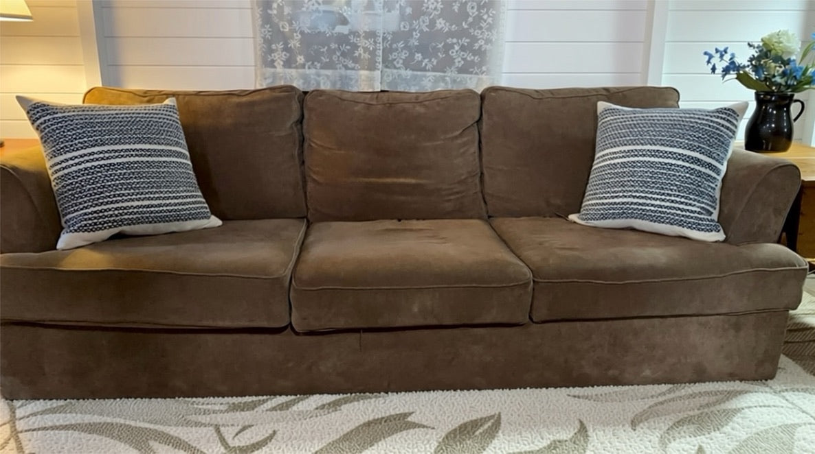 Light brown soft corduroy 7 ft long three cushion couch