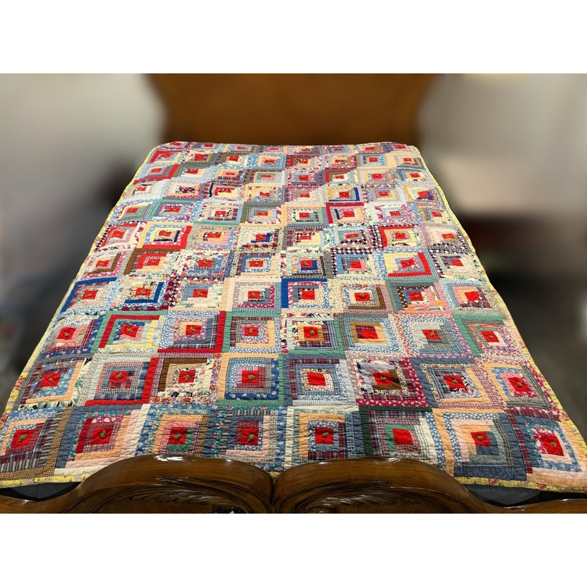 Antique Handmade Log Cabin Quilt Twin Size 60" x 80" Vintage Farmhouse cottage
