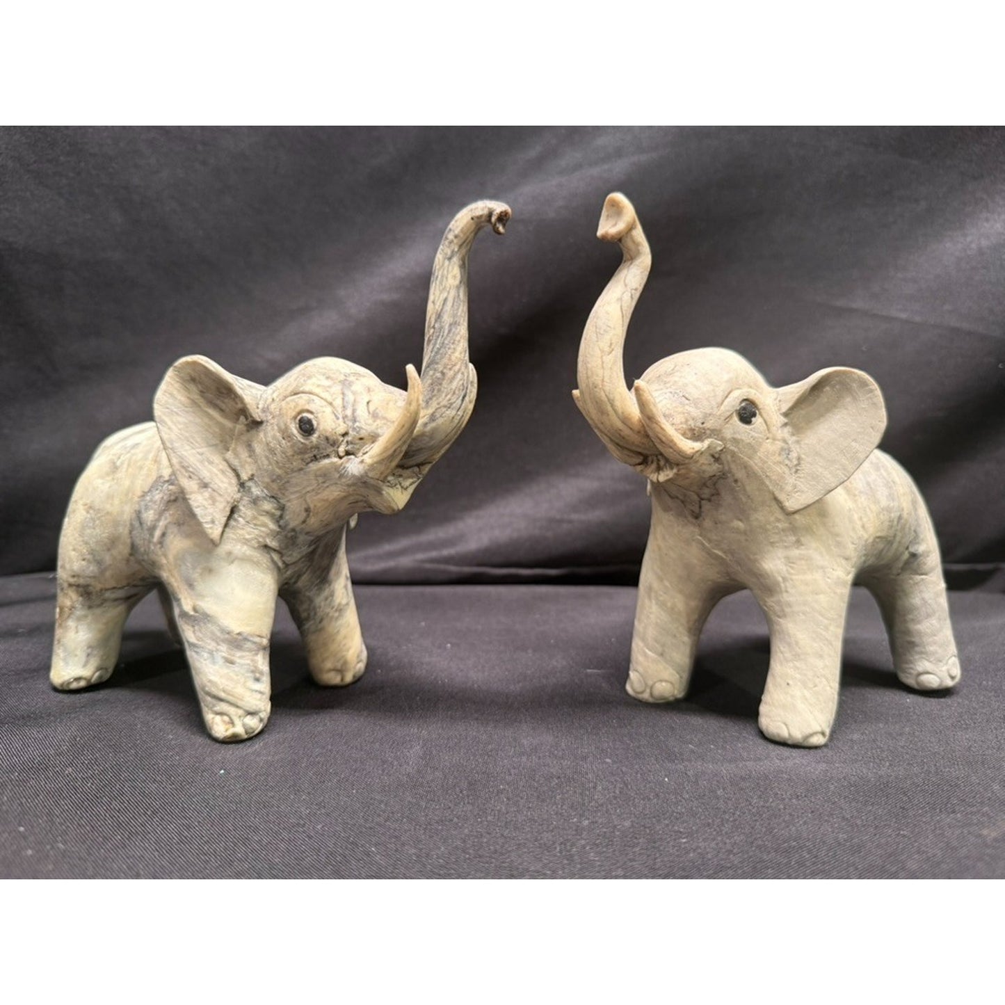 Pair Carved Elephants made from Crushed Oyster Shells trunk up Vintage 5.5" tall