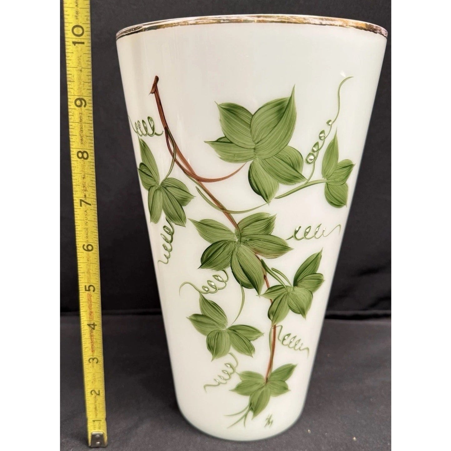 White vintage Opaline Glass Handpainted Vase with green ivy grape leaves 10.25”