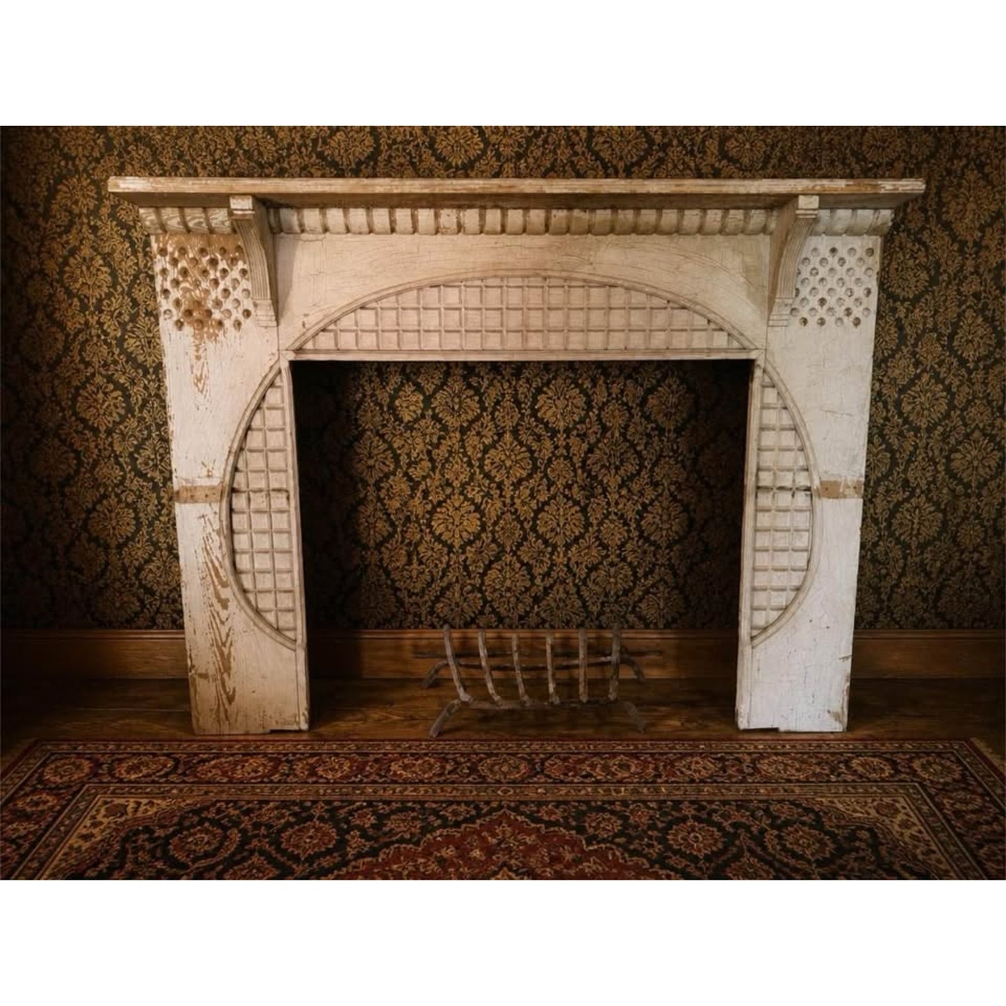Antique wooden fire place mantel architectural salvage distressed white