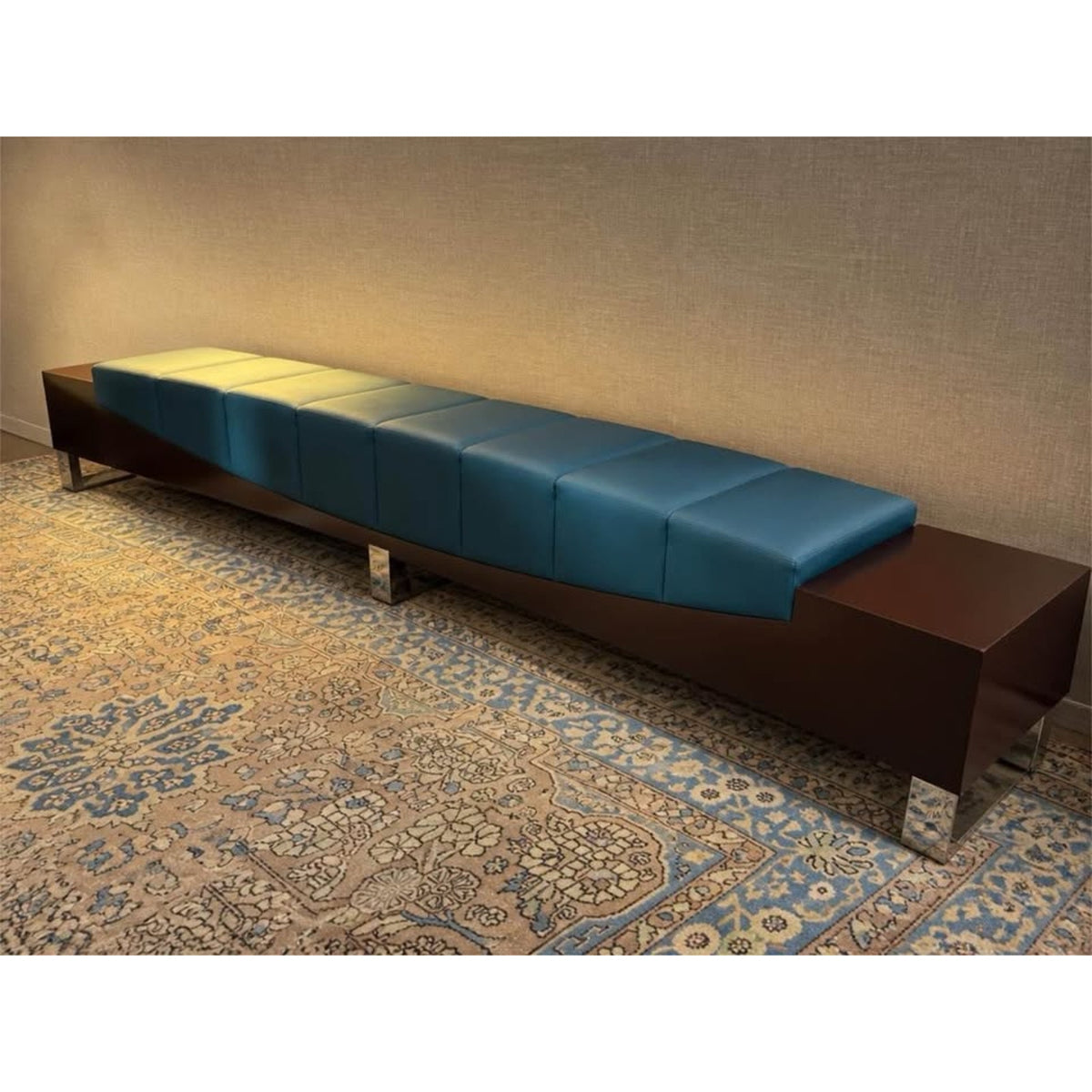 Long curved teal & dark wood hotel style bench 10 ft long