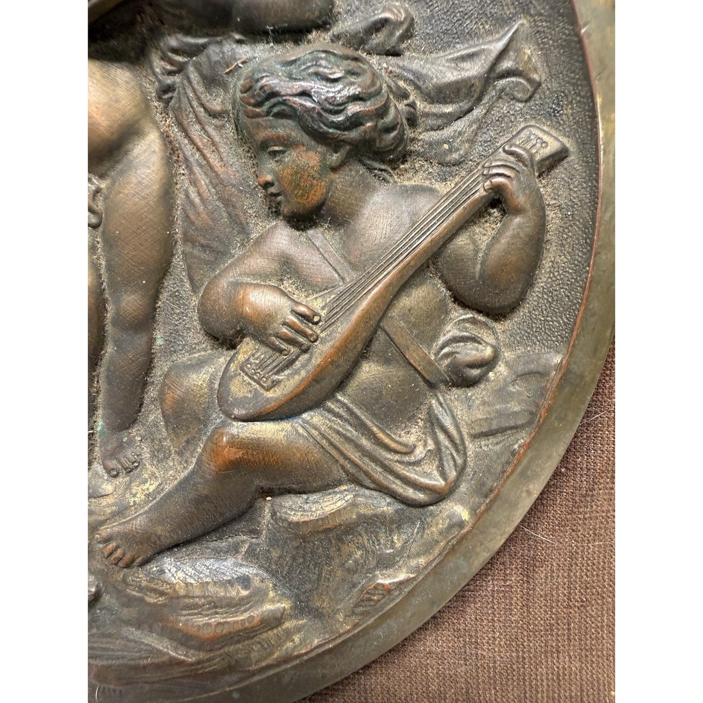 Rare Antique Bronze 5 Cherubs Playing Instruments relief Plaque Wall Hanging 9”