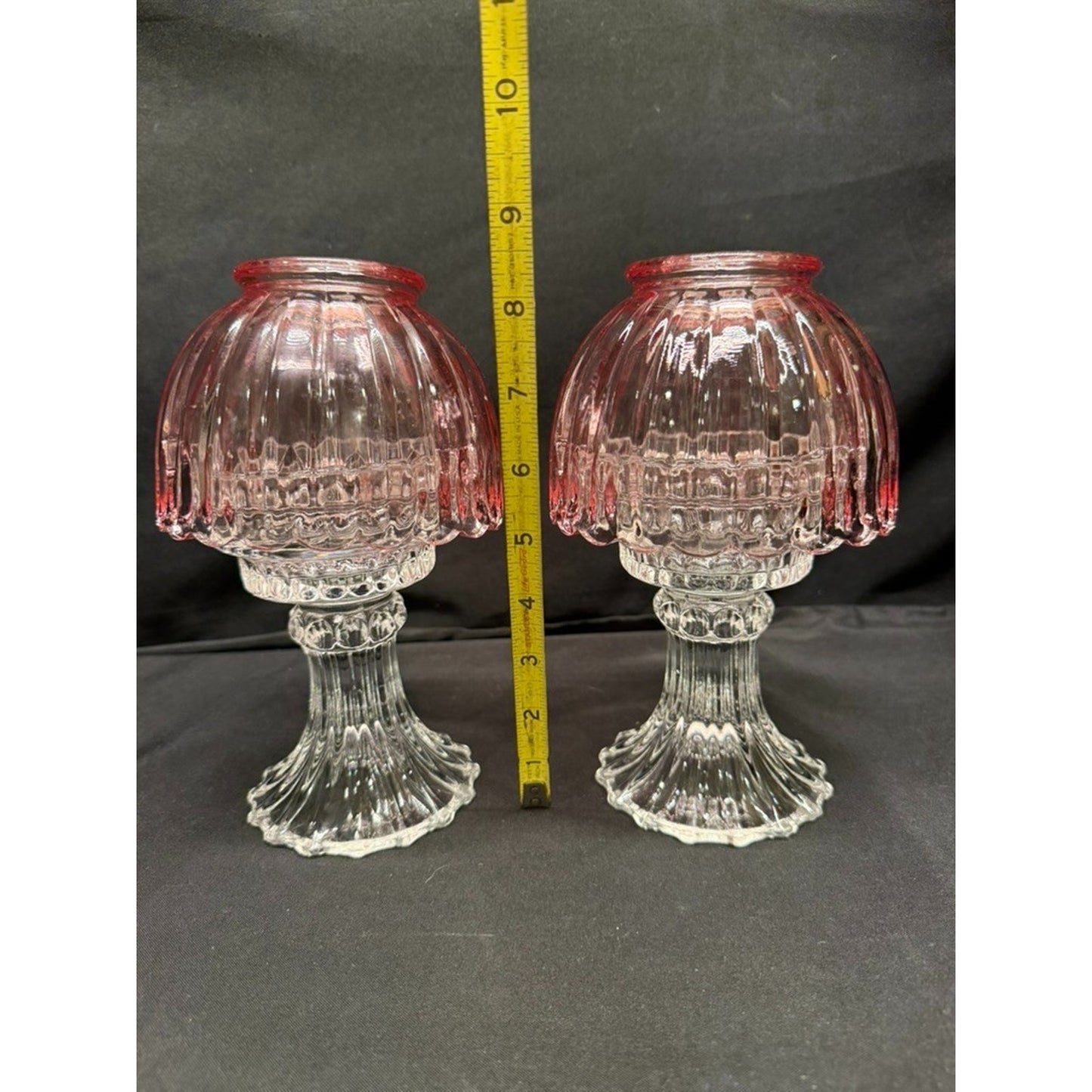 Pair of L.E. Smith Vintage Pink Fairy Lamps Clear Glass Pedestal Candle Holders
