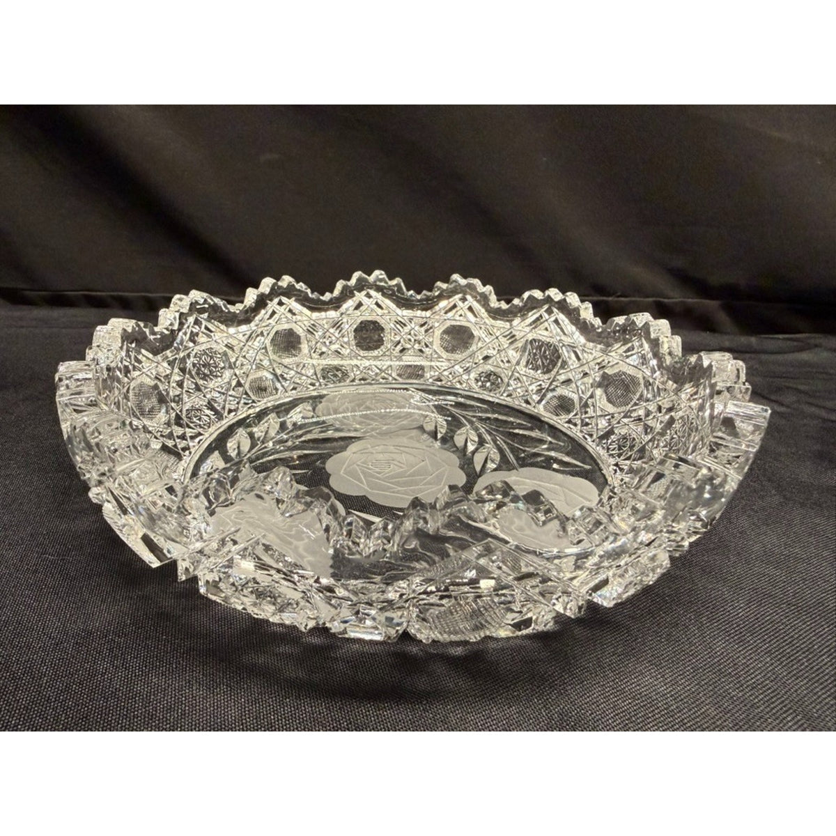 American Brilliant Crystal Cut Glass Round Centerpiece Bowl Etched Flowers 8"