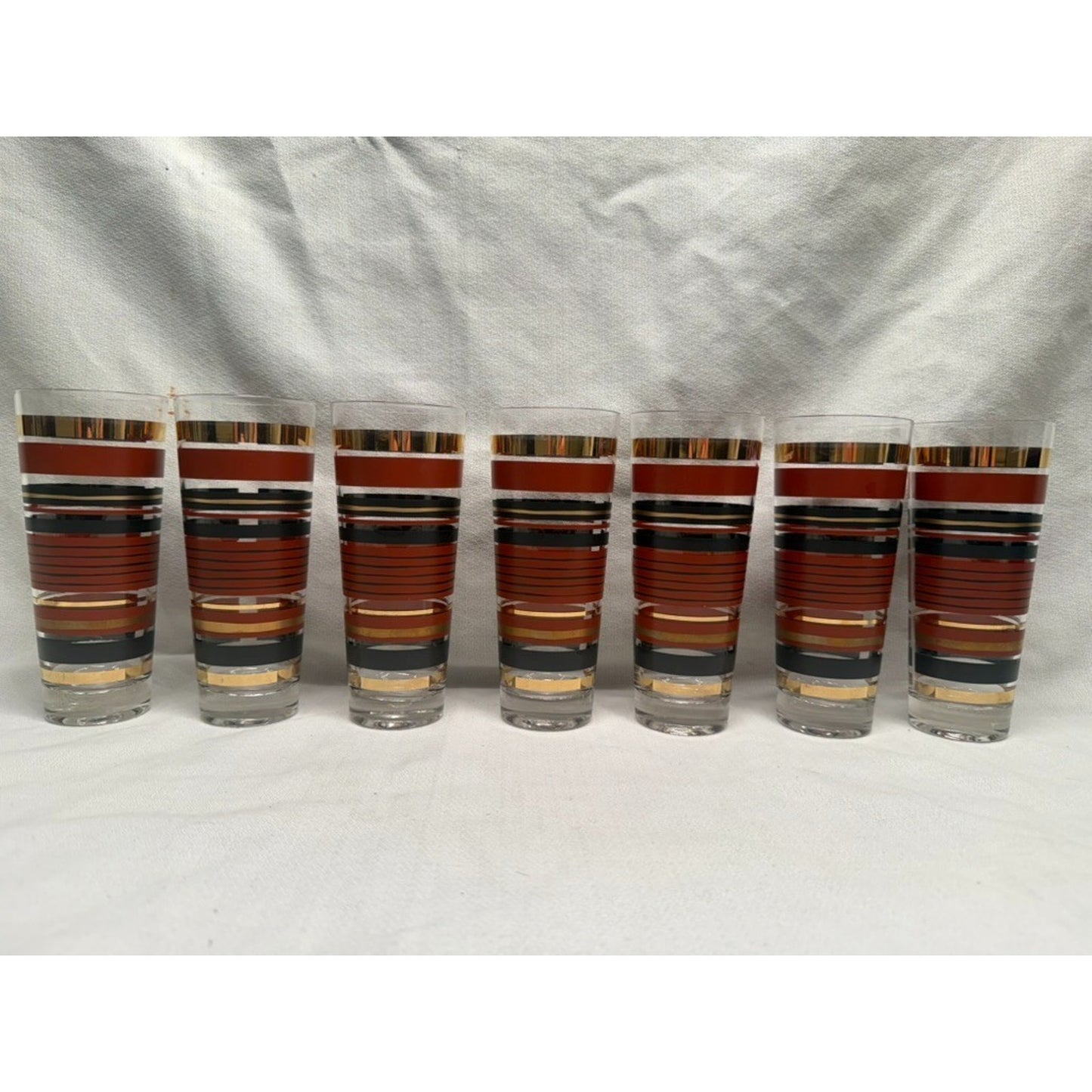(7) Rare mid century modern high ball striped glasses red gold black 7" tumbler
