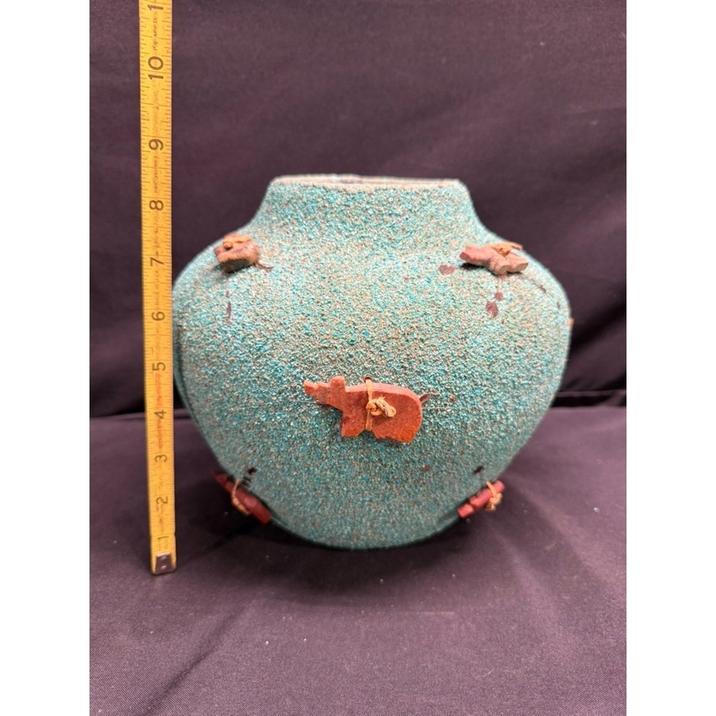 Vintage zuni large fetish pot/jar crushed turquoise 8.5" tall signed by artist