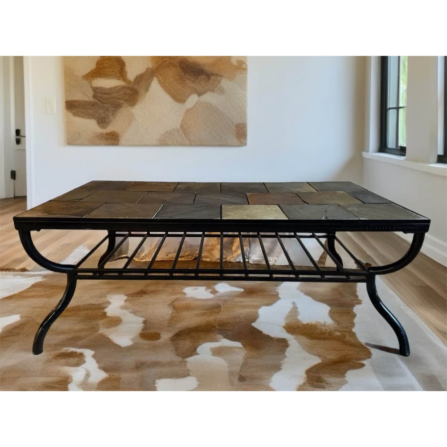 Slate tile top coffee table with black metal frame, nice neutral colors