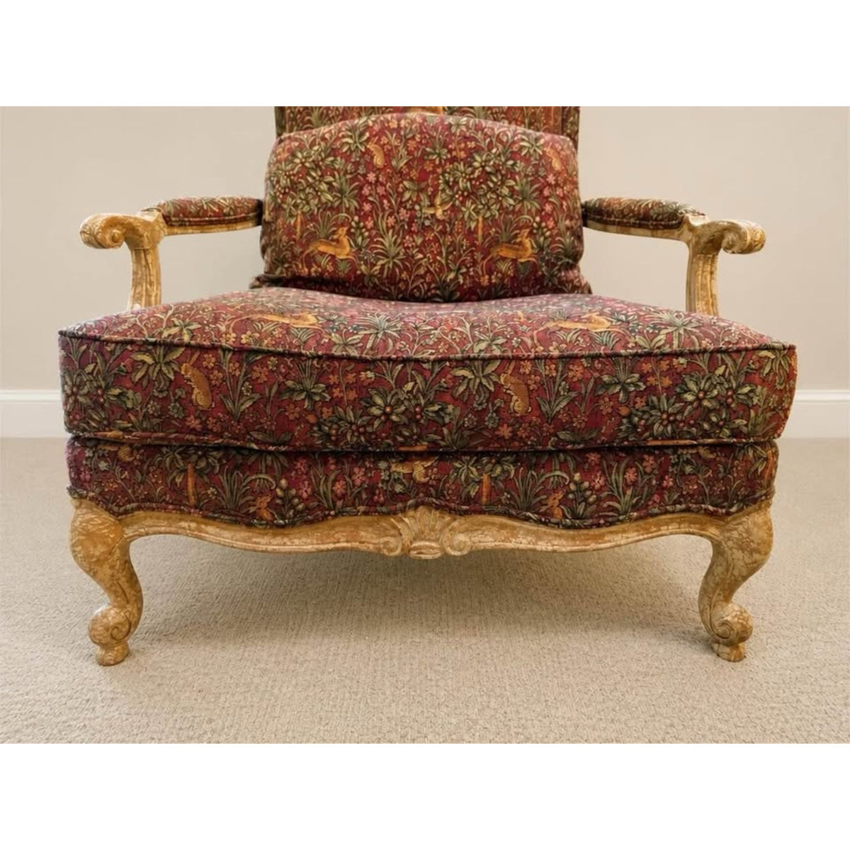 French provincial cottage style accent chair & matching ottoman wildlife red green tan