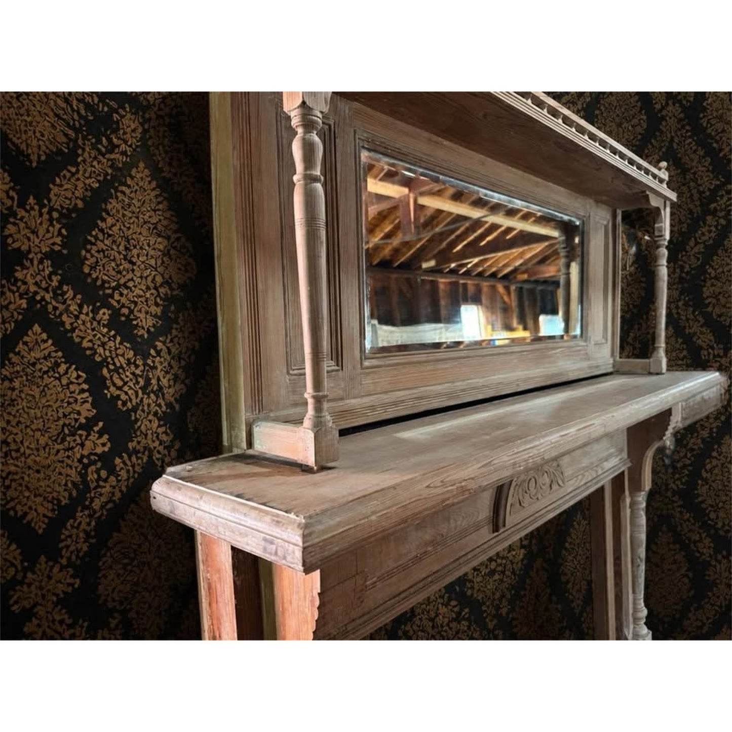 Antique architectural salvage wooden fireplace mantel with mirror & top shelf