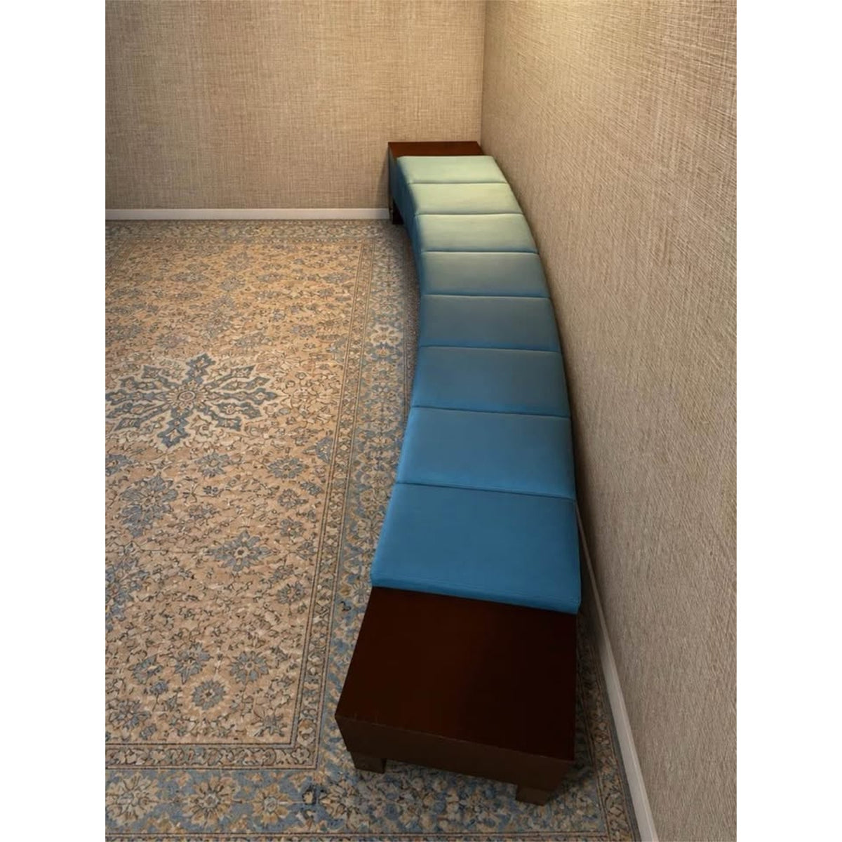 Long curved teal & dark wood hotel style bench 10 ft long
