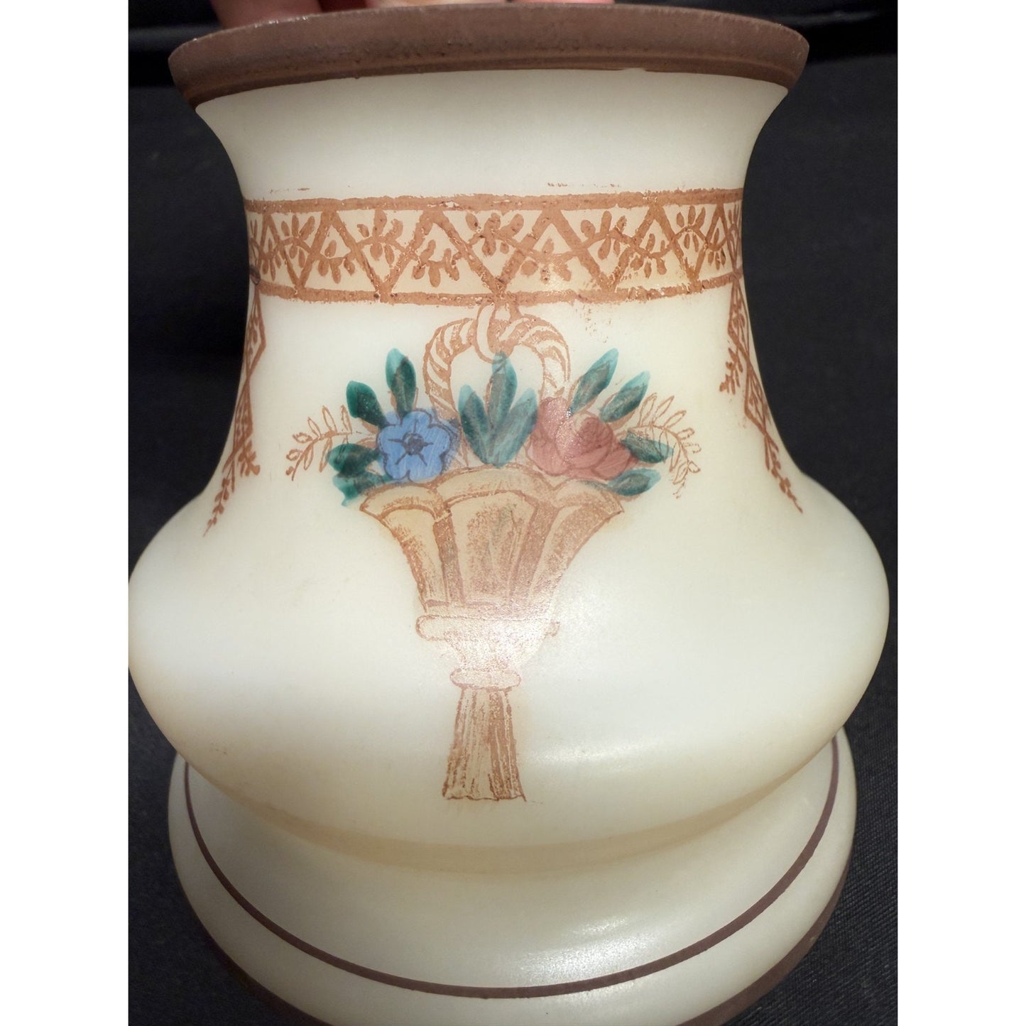 Rare (2) antique glass lamp shades hand painted bell shape brown cream floral 4"