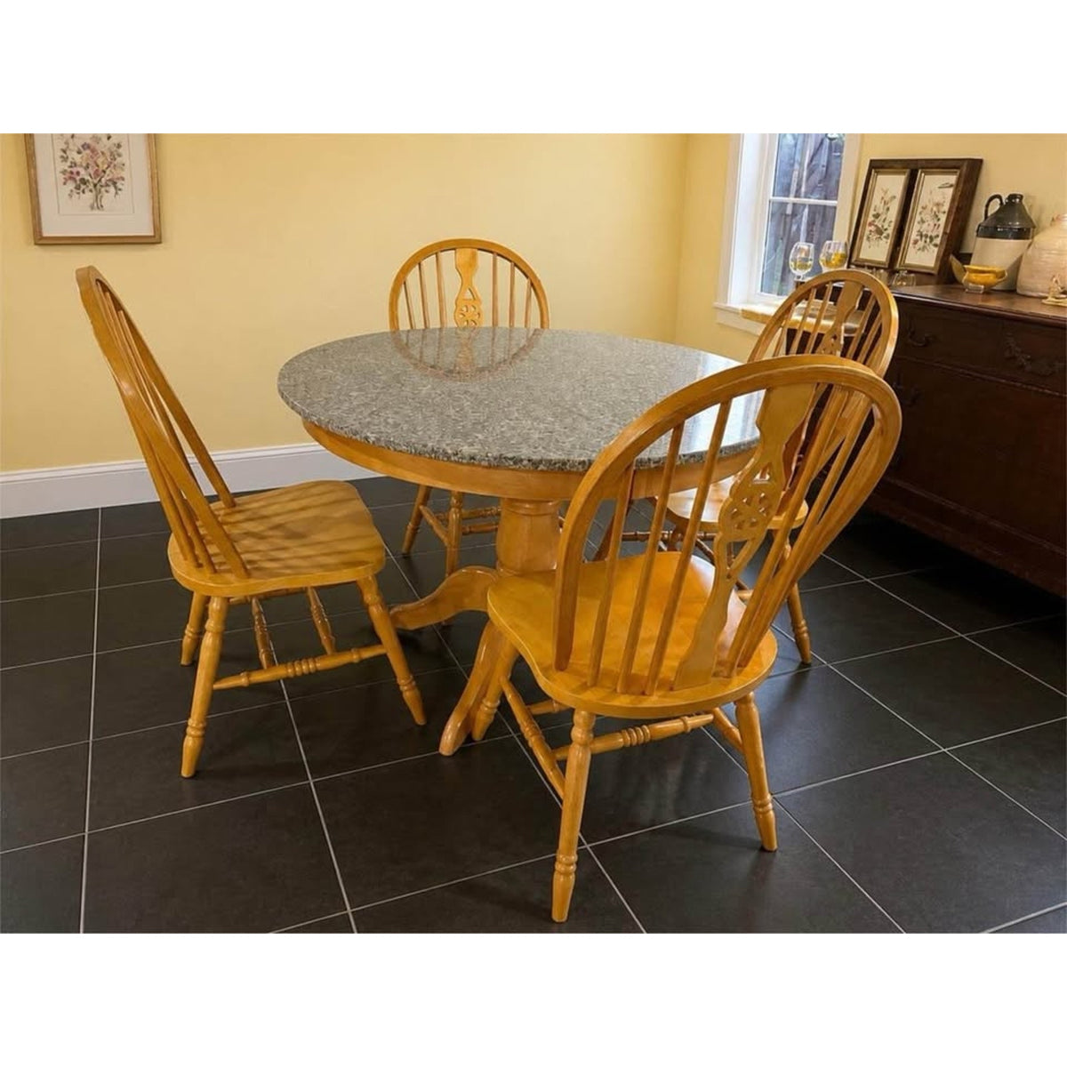 Round pedestal style granite top dining room table black/grey granite and 4 matching chairs