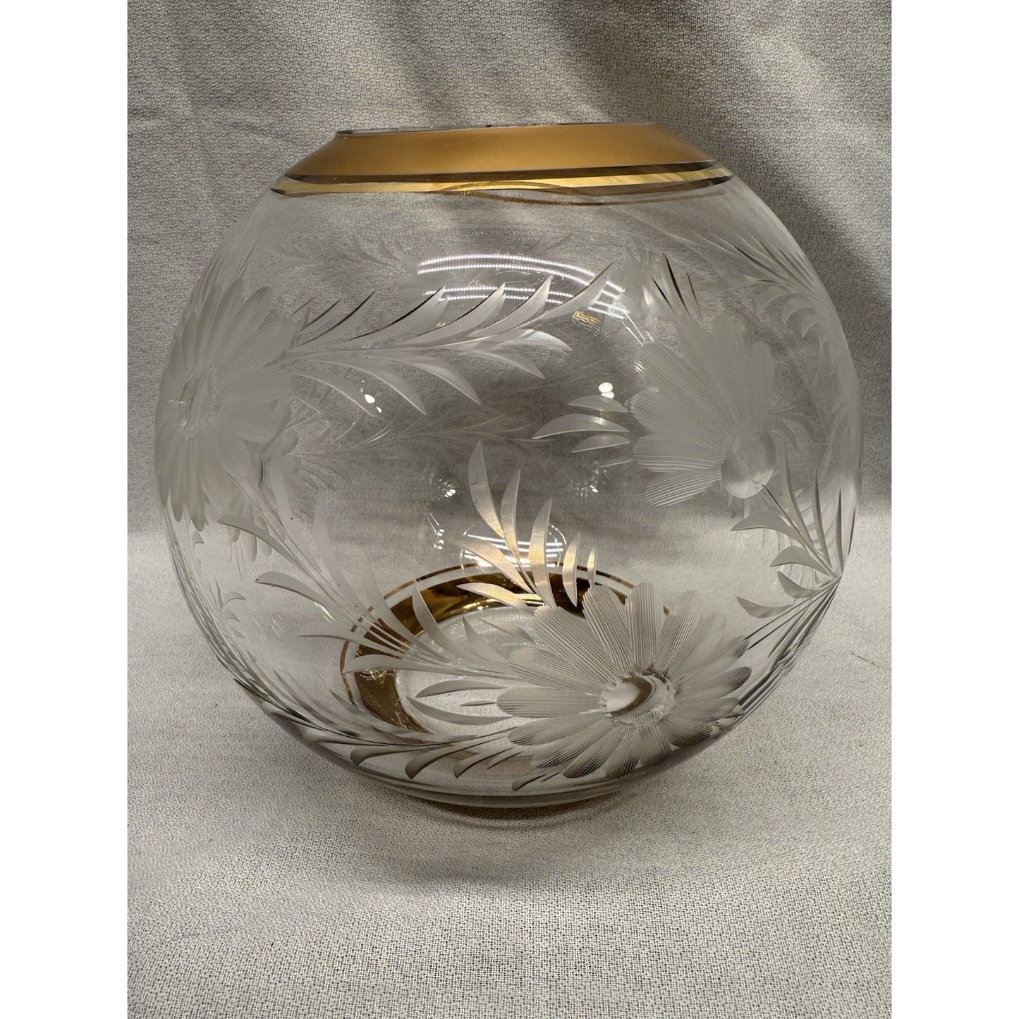 Rare Mid Century Clear Glass Round Vase Etched Flowers Gold Rim On Top & Bottom