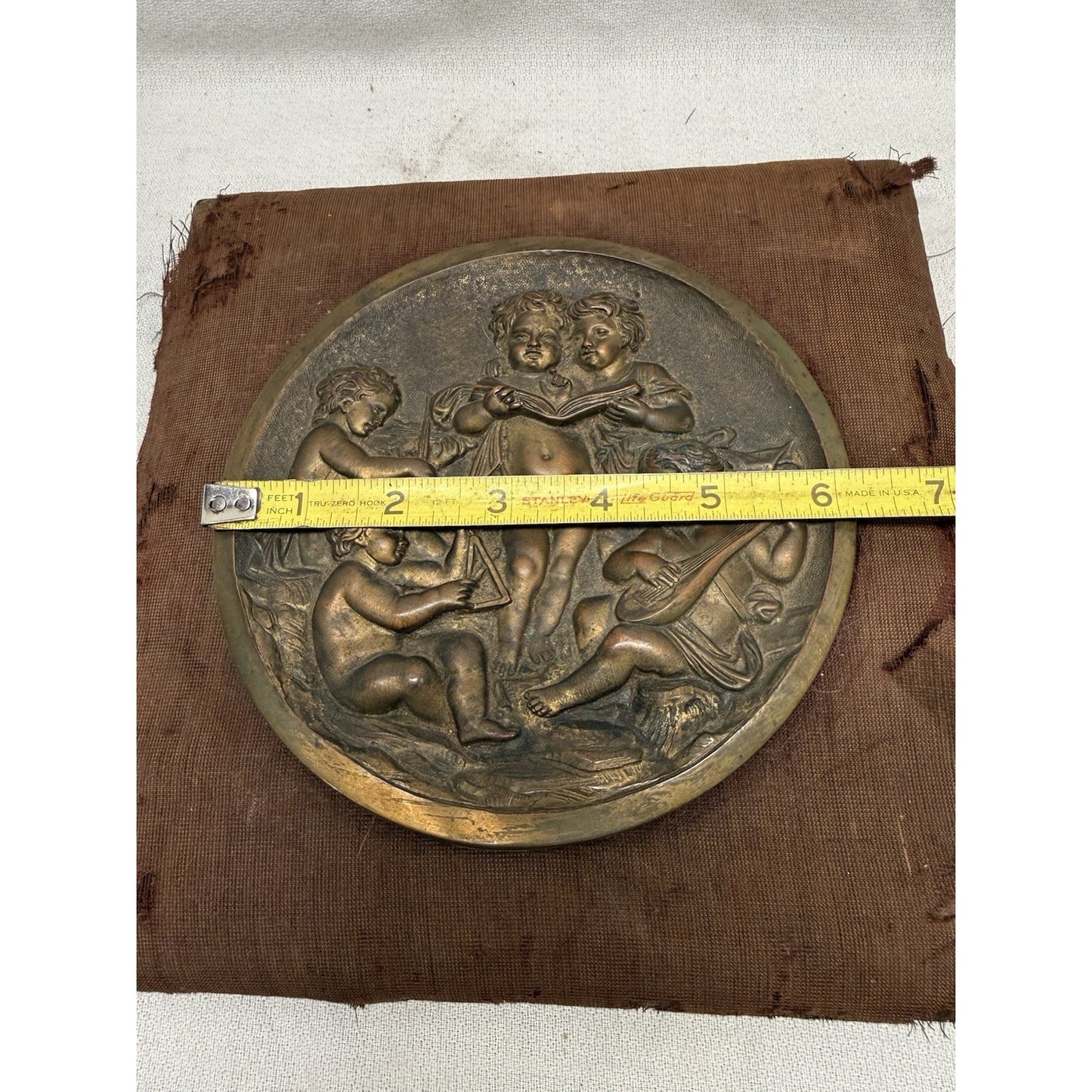 Rare Antique Bronze 5 Cherubs Playing Instruments relief Plaque Wall Hanging 9”