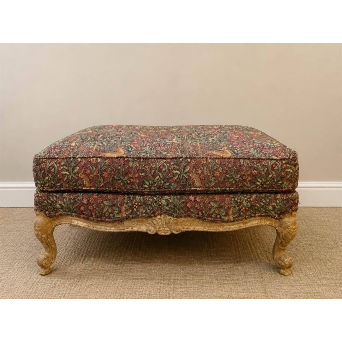 French provincial cottage style accent chair & matching ottoman wildlife red green tan