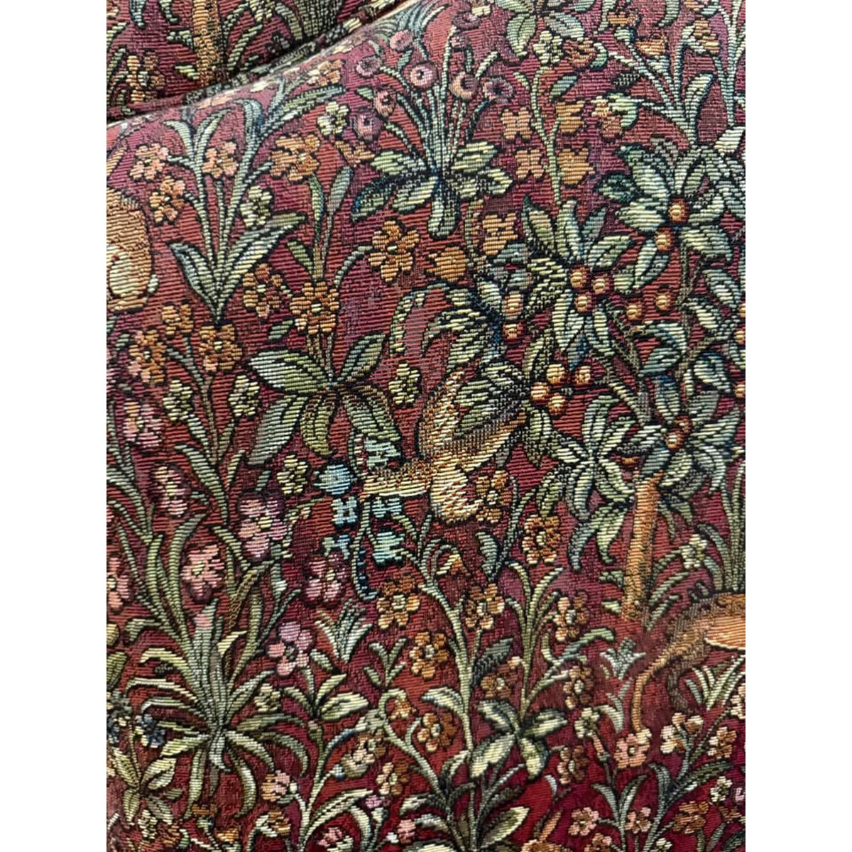 French provincial cottage style accent chair & matching ottoman wildlife red green tan